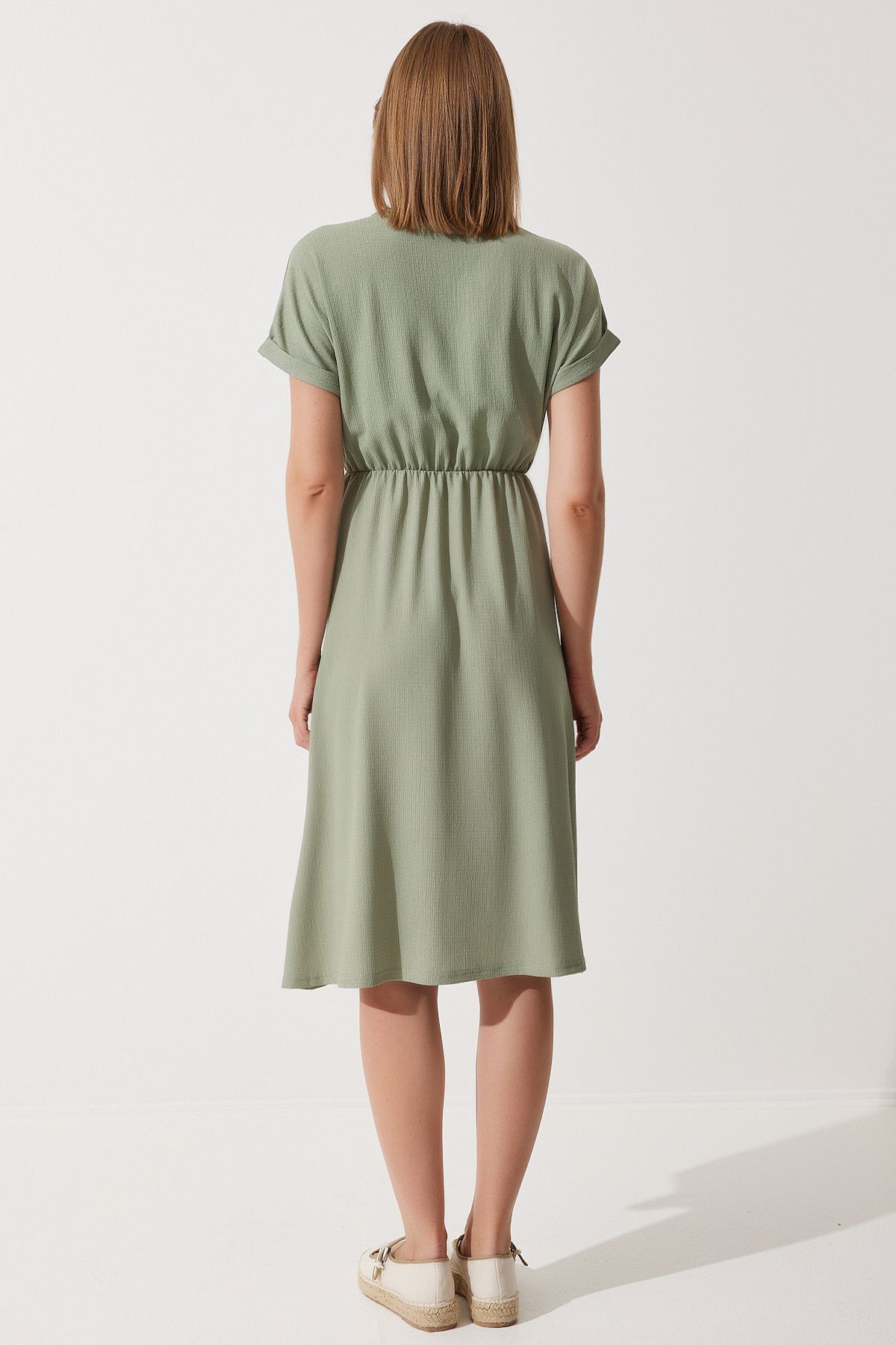 Women's Cagla Green V -Yaka Silled Summer Daily Knitting Dress DD01319