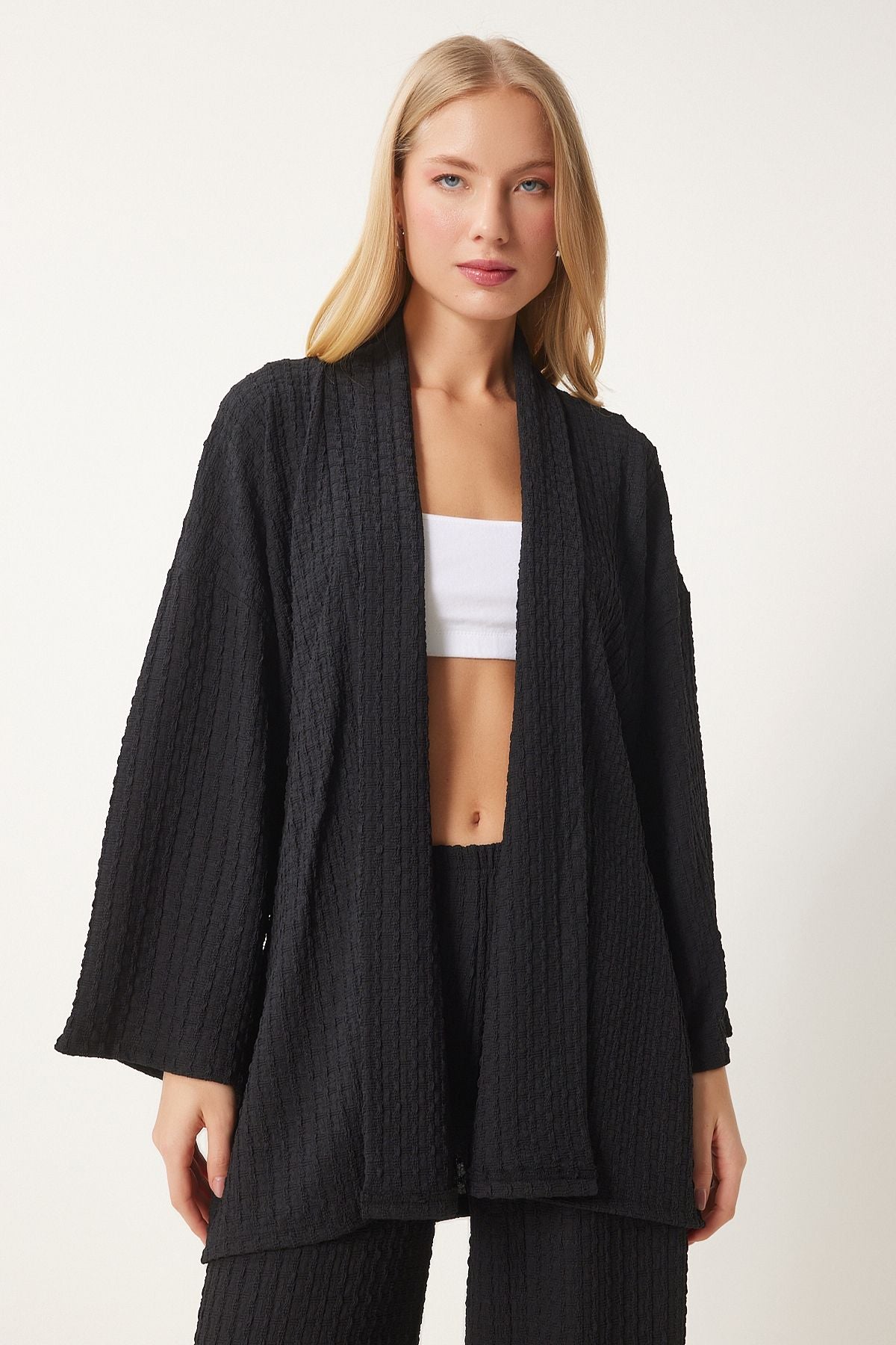 Women's black textured kimono pants knitting set an00217