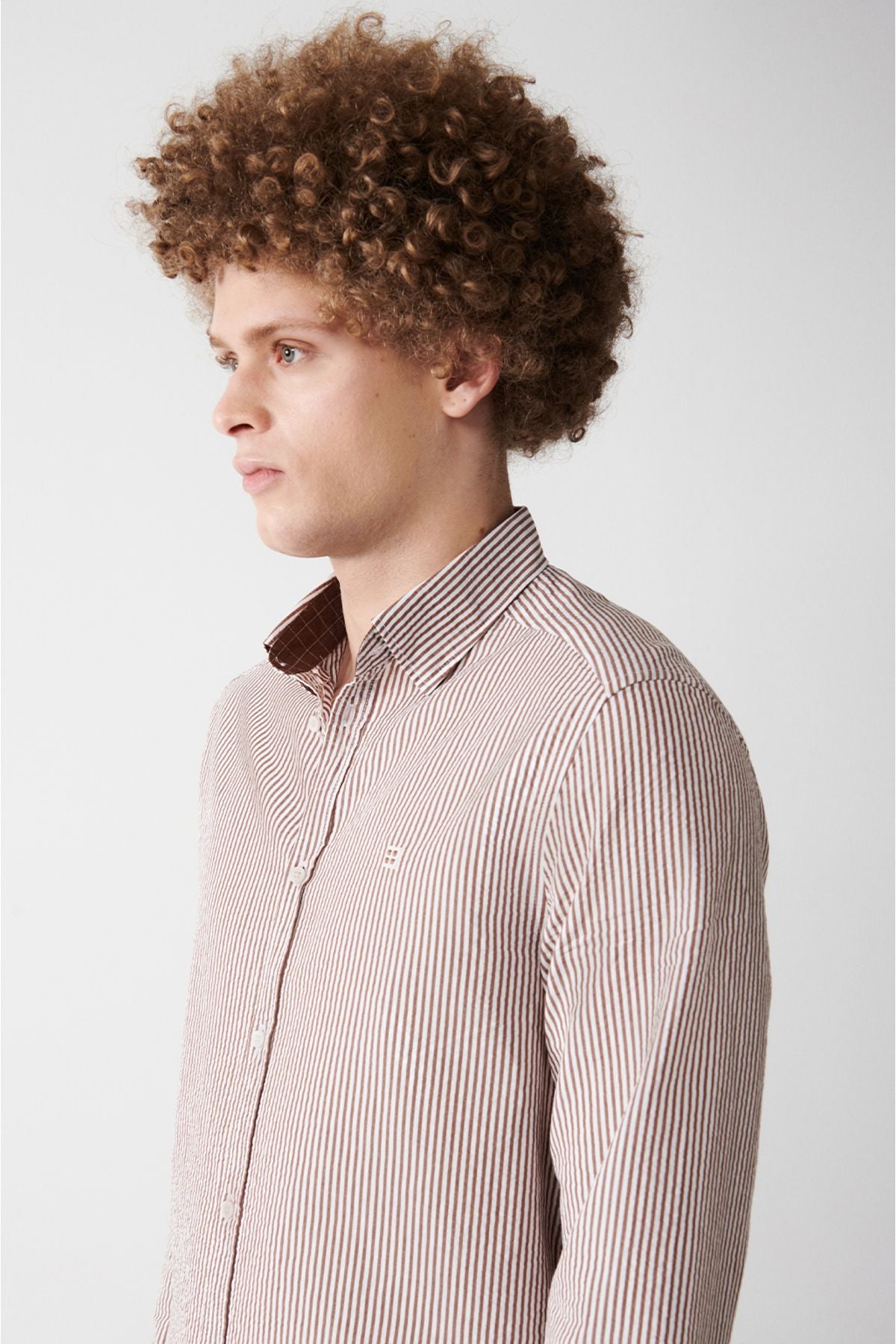 Men's Brown Seersucker Bottle buttoned collar striped shirt A31y2084