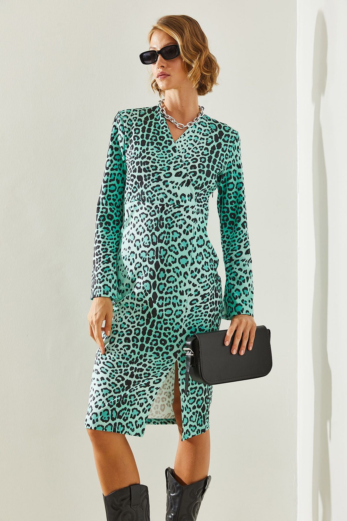 WOMEN V -neck arm and skirt slit leopard patterned dress 21747 60251613