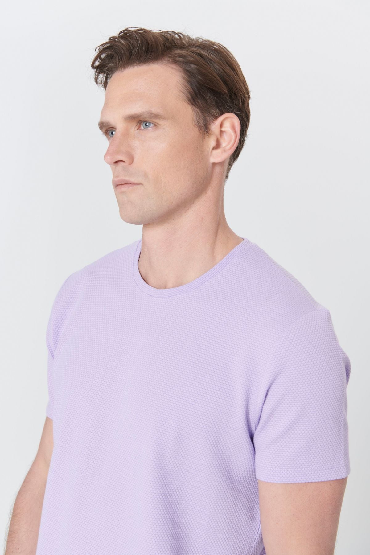 Men's lilac slim fit narrow cut modal bike collar soft button flexible basic t -shirt