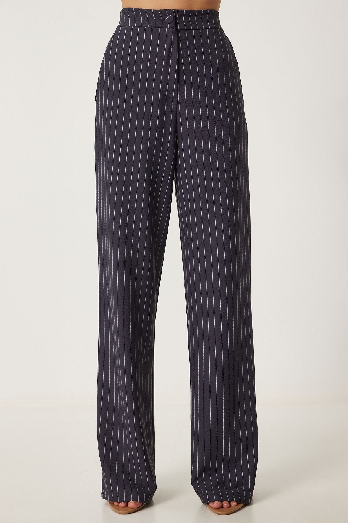 Female anthracite striped comfortable weaving pants to00158