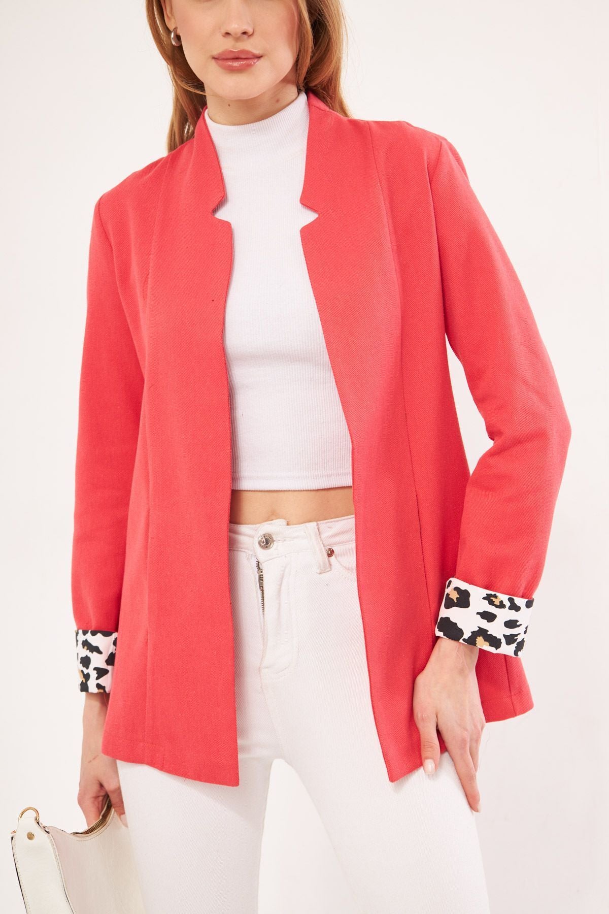 Female pomegranate flower ikosiena jacket upright collar sleeve intra-arm leopard patterned ARM-24Y001044