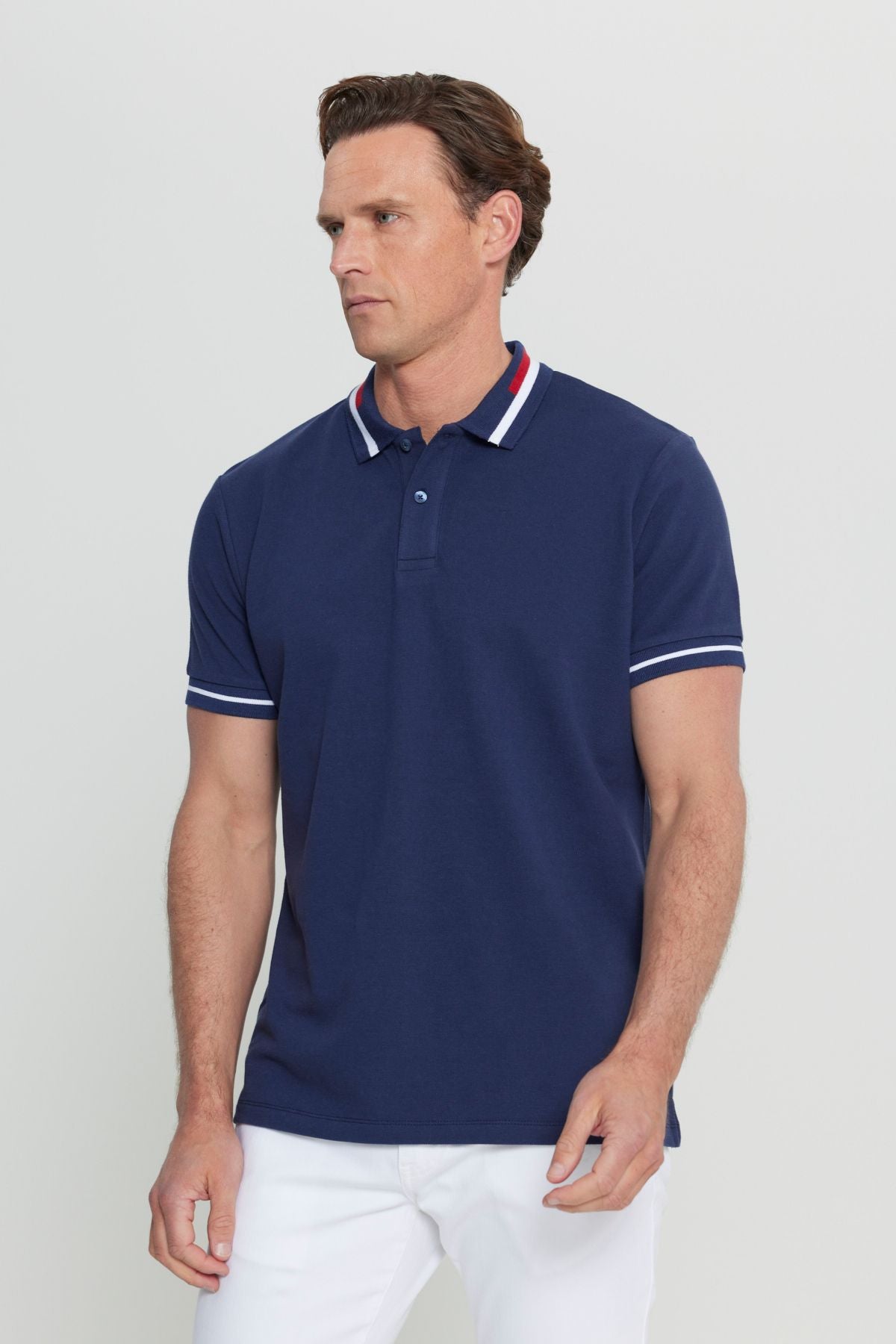 Men's navy blue slim fit narrow cut 100 %cotton polo collar t -shirt