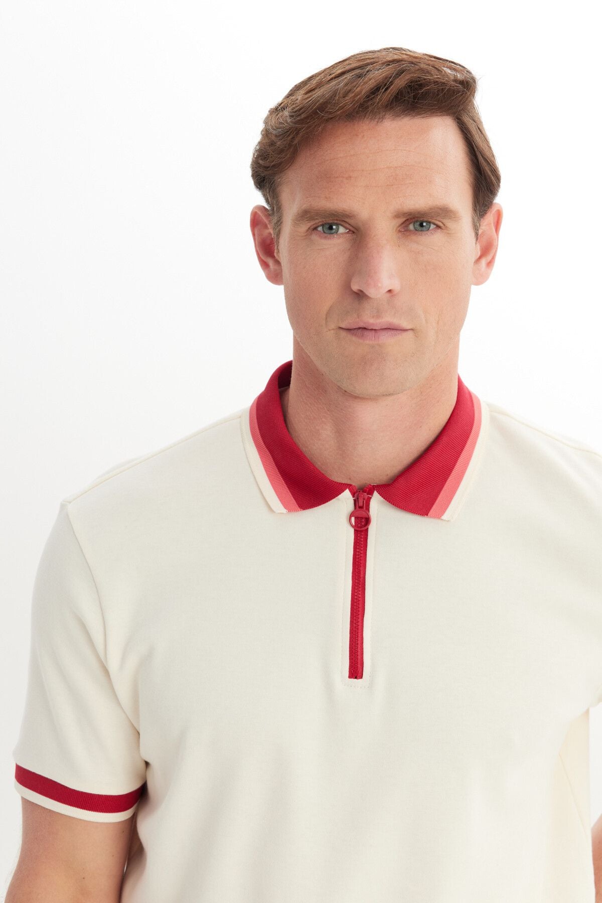 Men's ecru burgundy regular fit comfortable cut Polo Yaka 100 %Cotton T -shirt