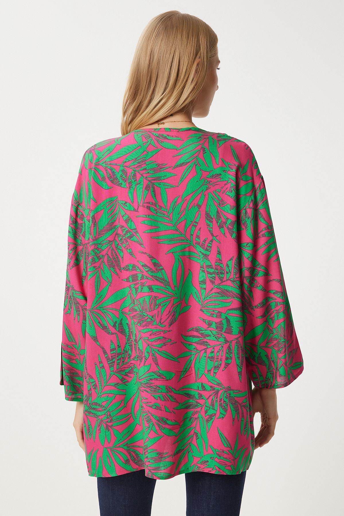 Female Pink Green Patterned Viscose Kimono EN00615
