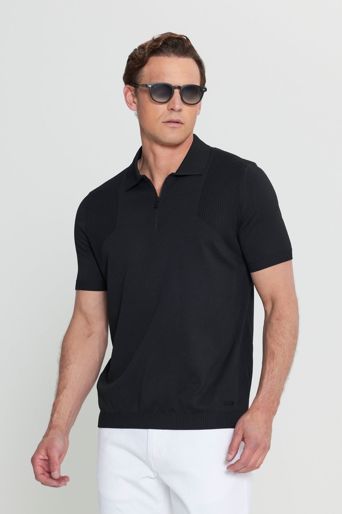 Men's Black Standard Fit Normal Cut Polo Yaka Jacquari Triko T -shirt