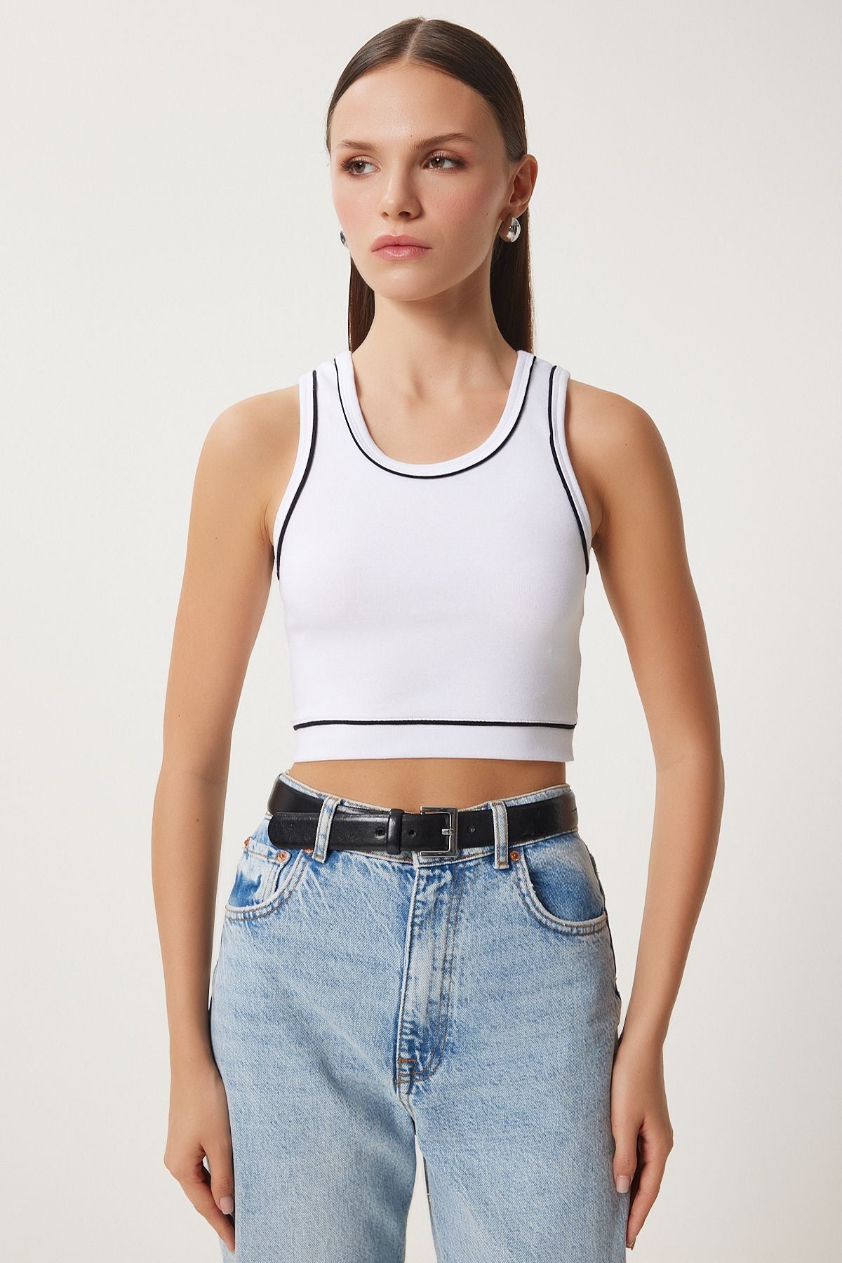WOMEN WHITE LRUST CROP TOK Knitted Blouse US00945