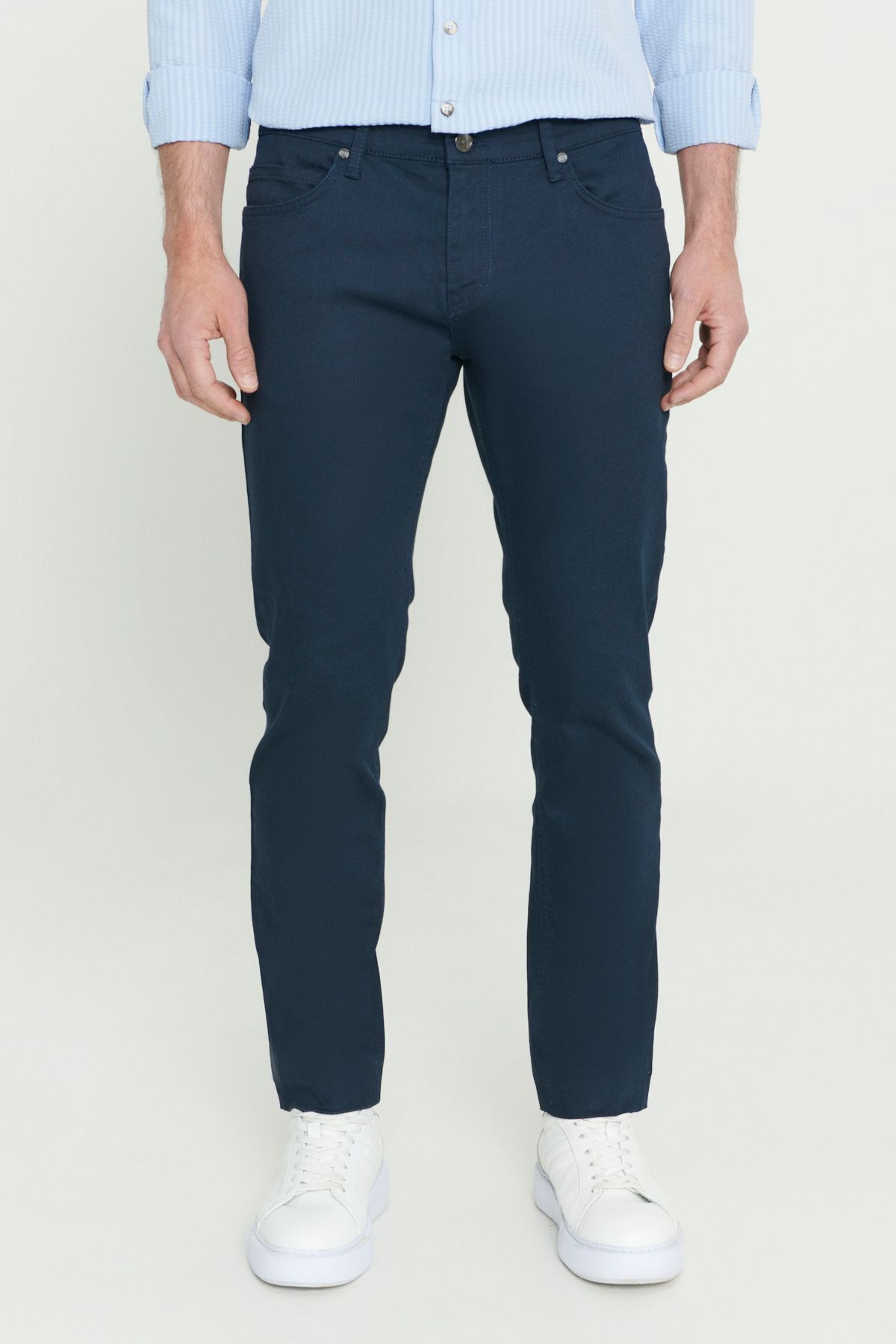 Men's navy blue 360 degrees stretching in all directions slim fit narrow cut diagonal flexible patterned pants