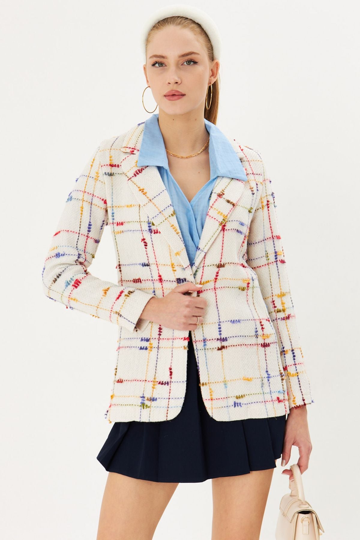 Women's White Tüvit Fabric Single button Jacket ARM-25K001042