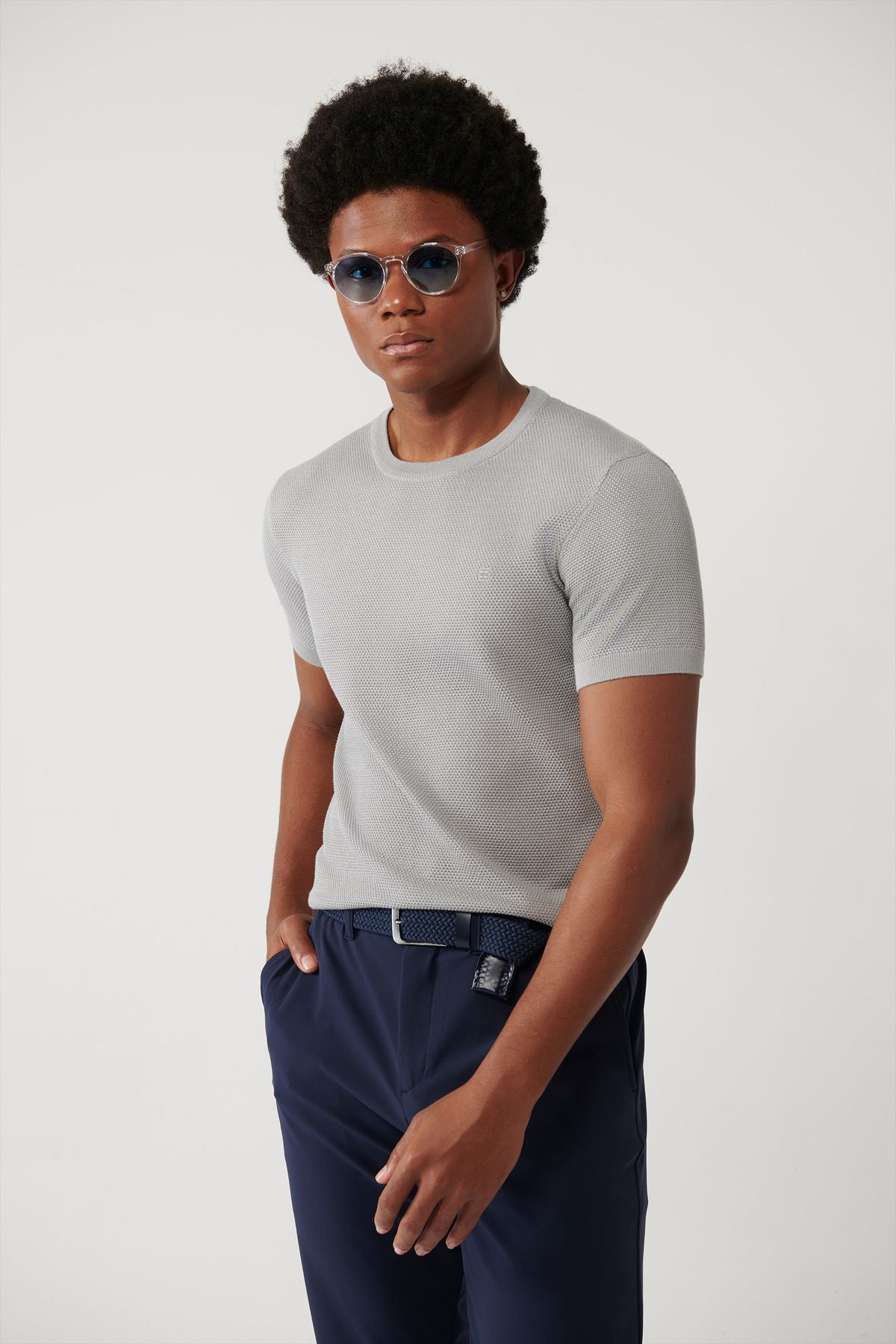 Men's Gray Modal Bicycle Collar texture Ribanian knitwear T-shirt B005010