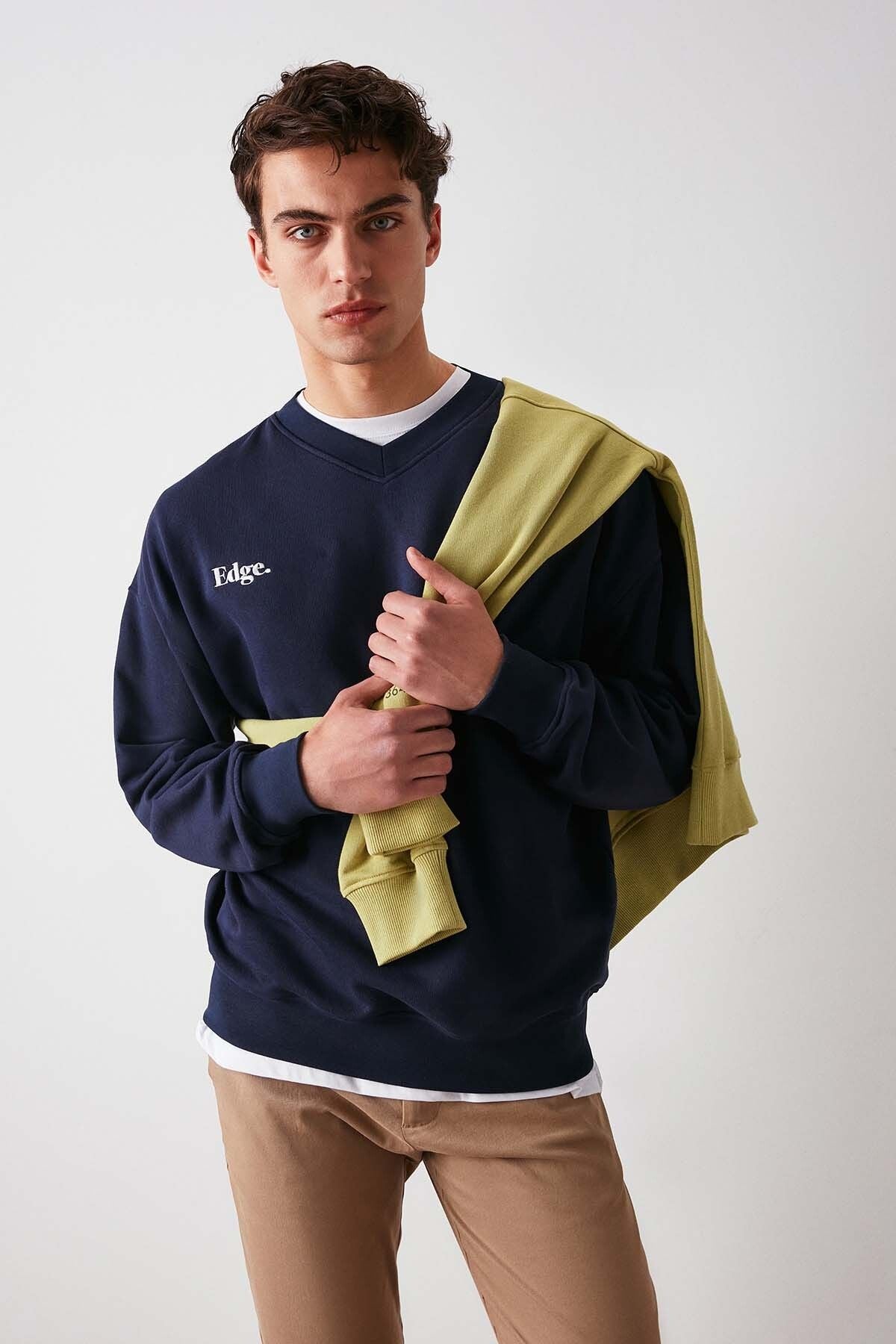 Off Men's V -Neck Writing Embroidered Içi Poleless Navy Blue Sweatshirt