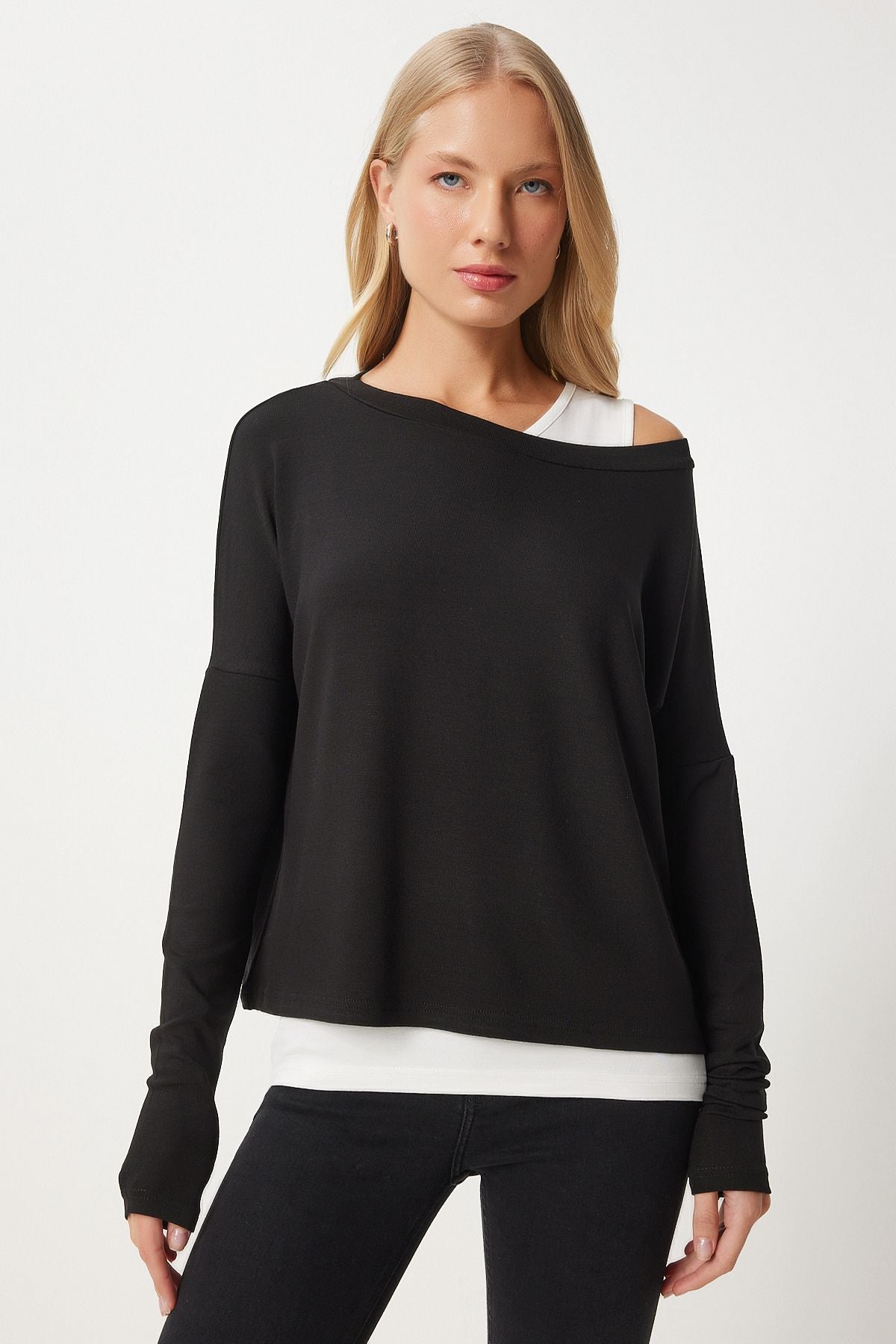 Women's Black Athlete Binary Knitwear Knitting Blouse EN00619