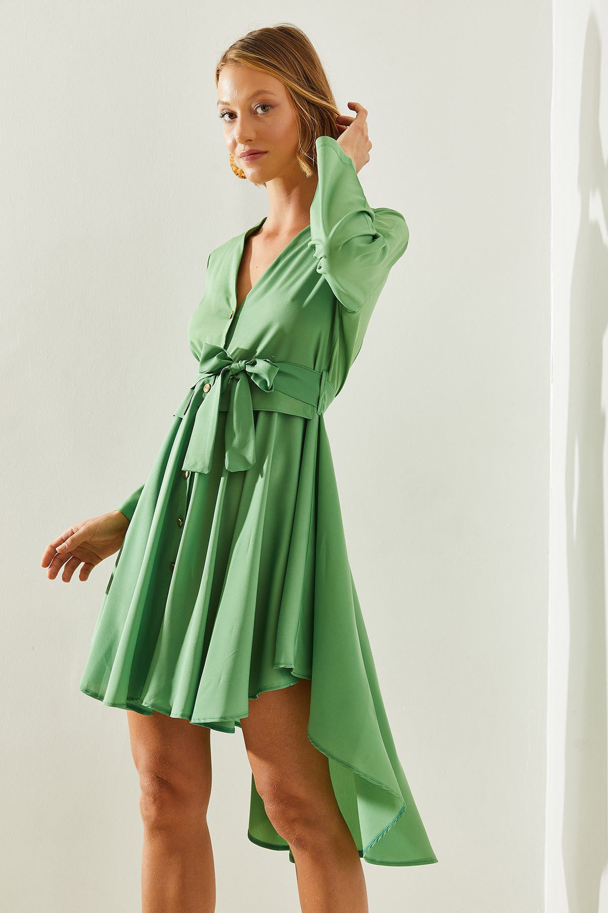 Women's Short Front Long Back V-Neck Buttoned Ornamental Pocket Detailed Belted Dress 22106 60251499