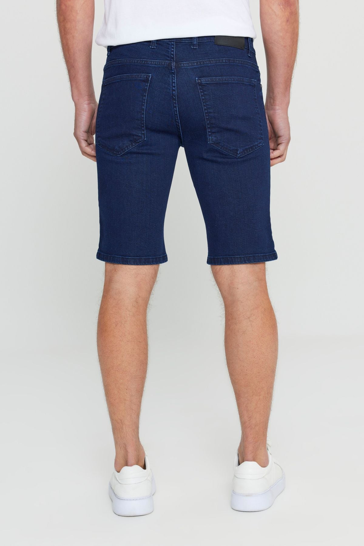 Men's dark navy blue slim fit narrow cut cotton flexible denim shorts