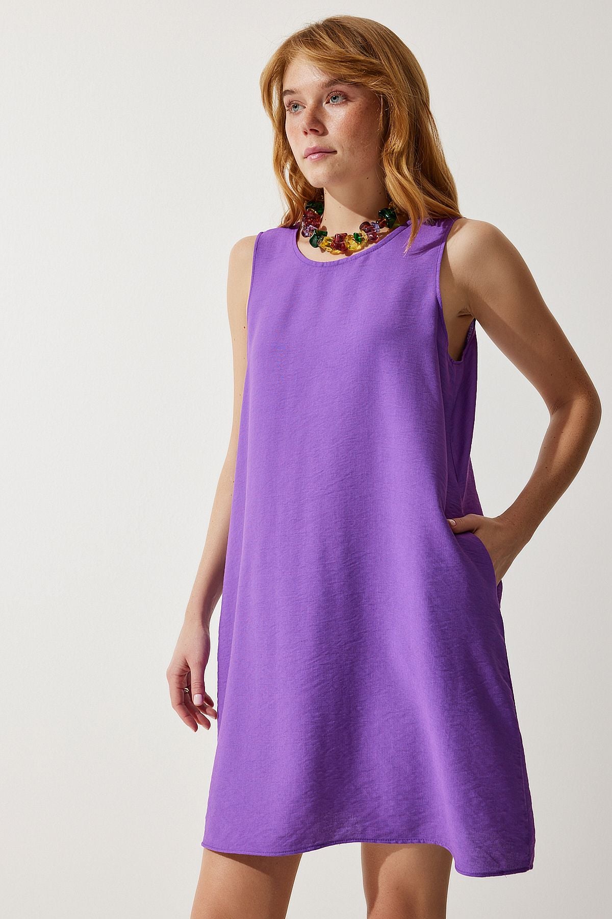 Woman purple sleeveless linen viscose bell dress jh00005