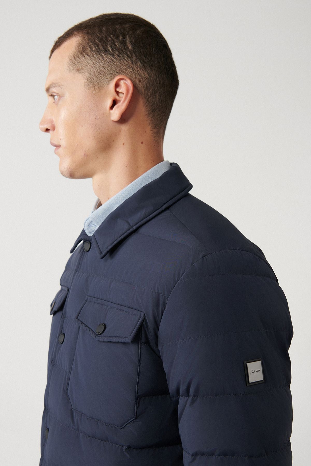 Men's navy blue goose feather water printer and windproof classic collar coat A32y6022