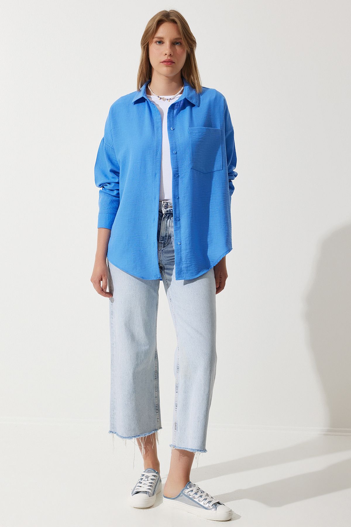 Woman Blue Oversizle Linen Ayrrin Shirt DD01222