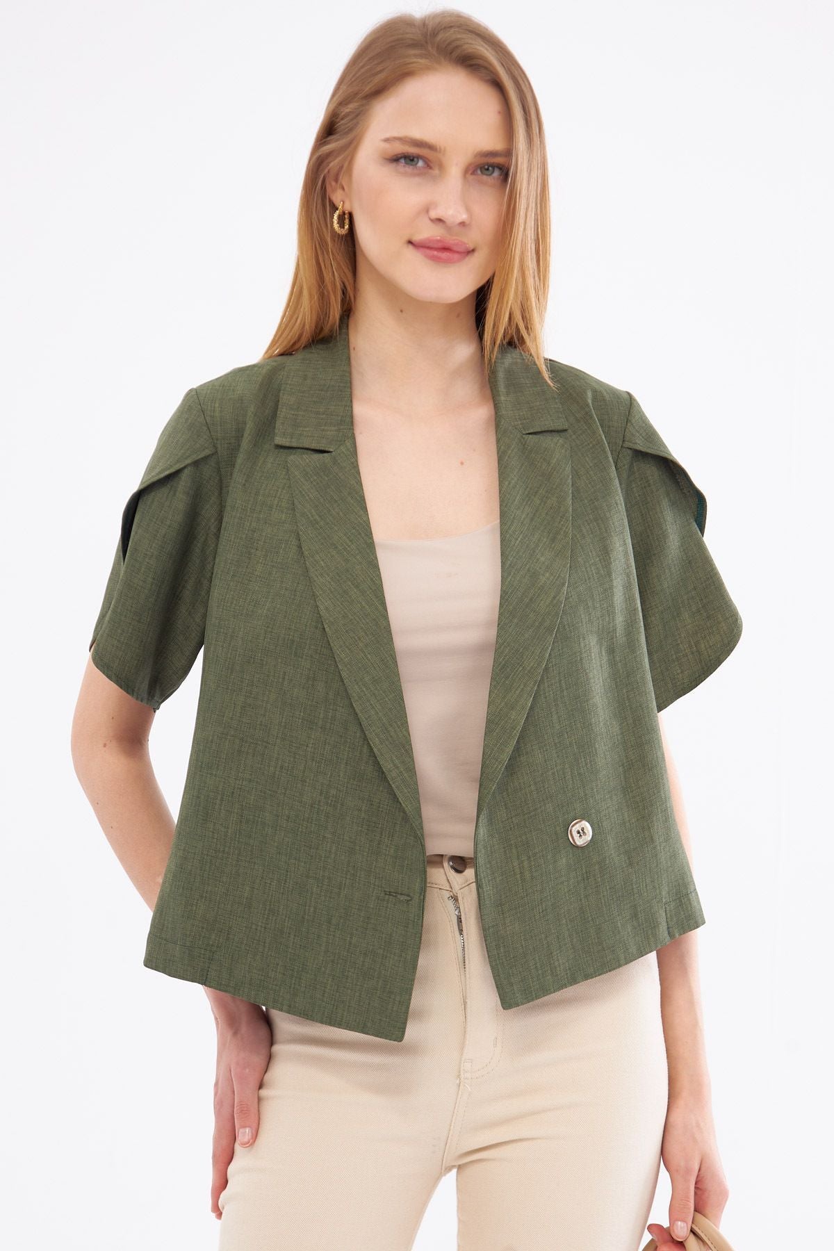 Women's Khaki Band Slit Detail Crop Short Sleeve Jacket ARM-24Y001048