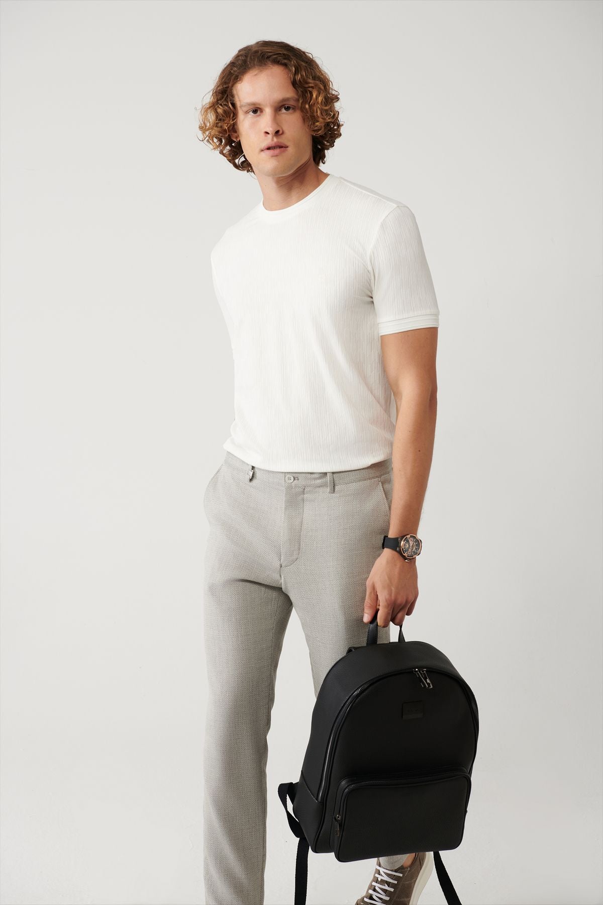 Men's Ecru Bicycle Collar Jacquard T-Shirt A41y1053