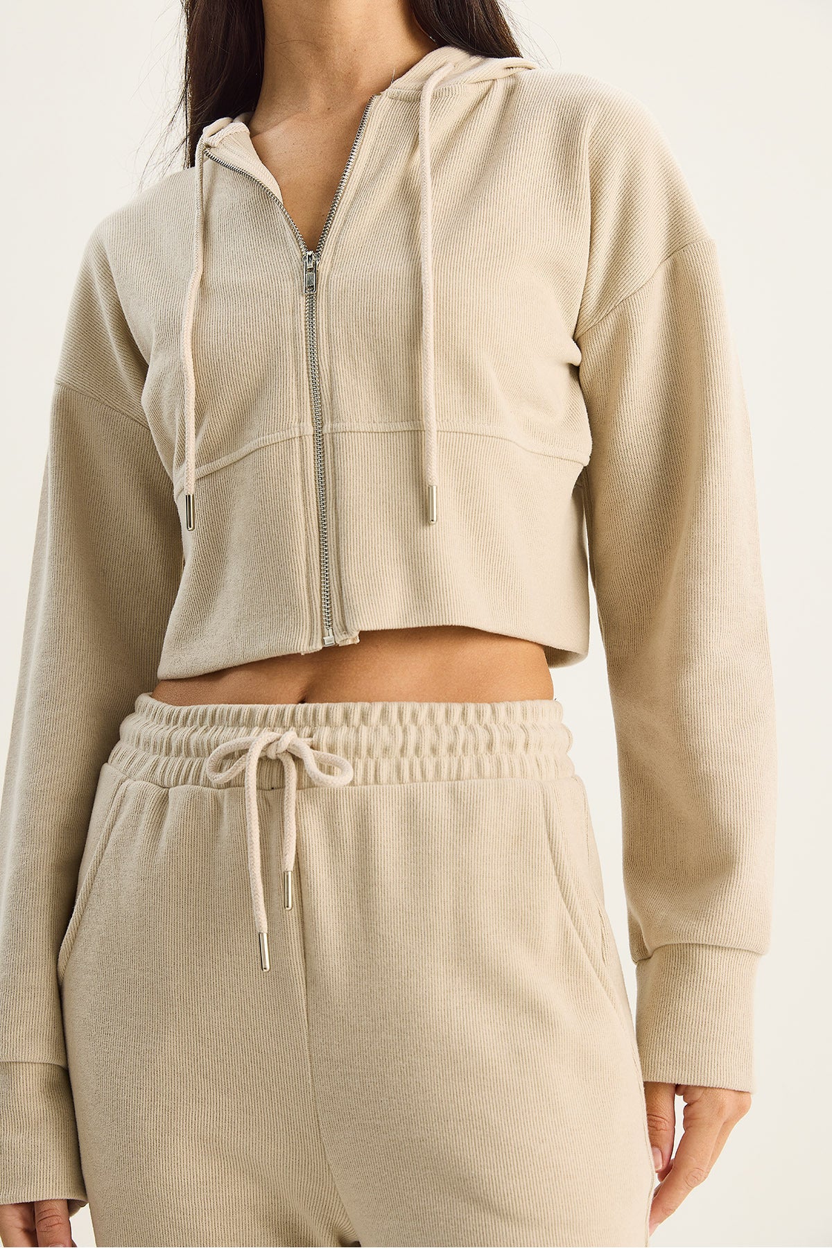 Women's Corduroy Knitted Fabric Comfortable Fit Hooded Zippered Bottom-Top Set 2030 60284064