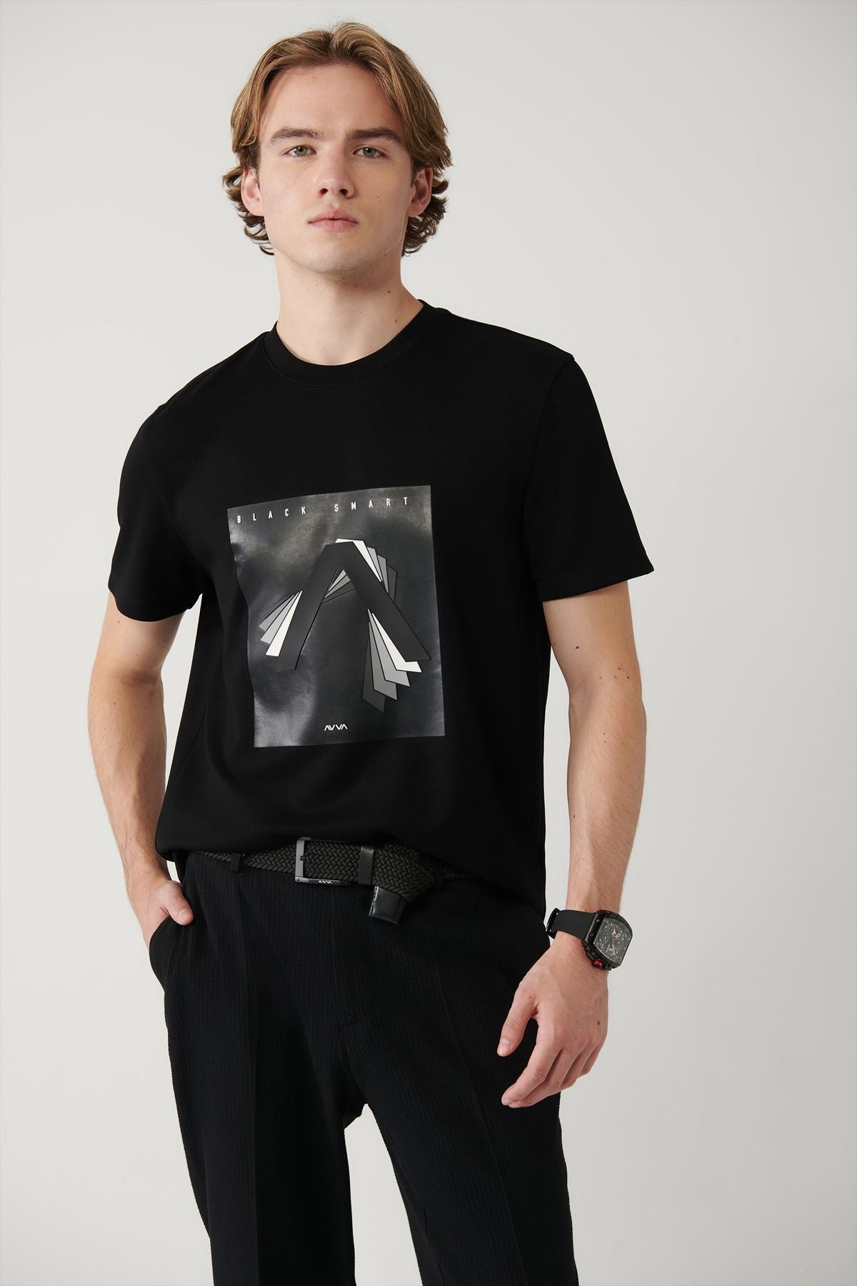 Men's black bike collar printed Interlok T-shirt A41y1008