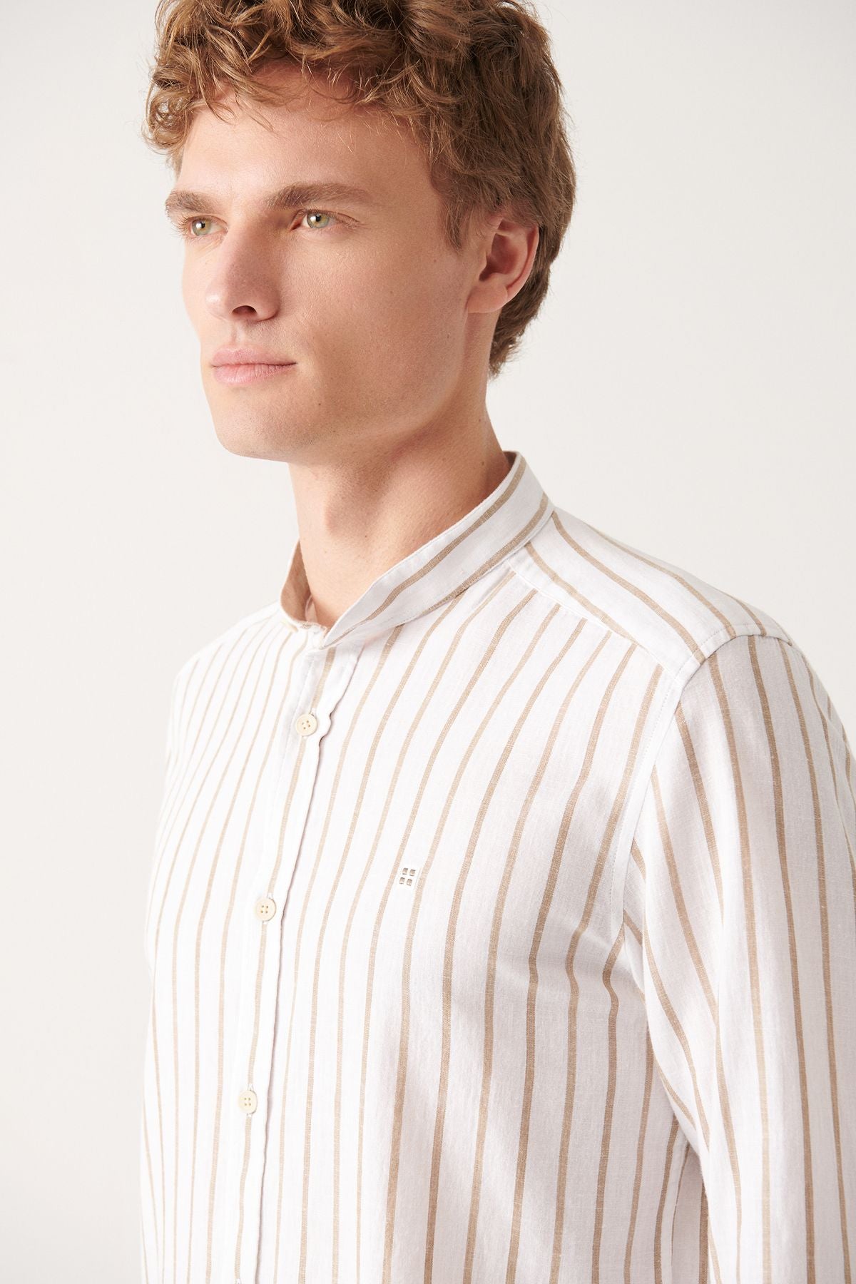 Men's Beige Dominated Cake Striped Cotton Shirt with Linen A31Y2076