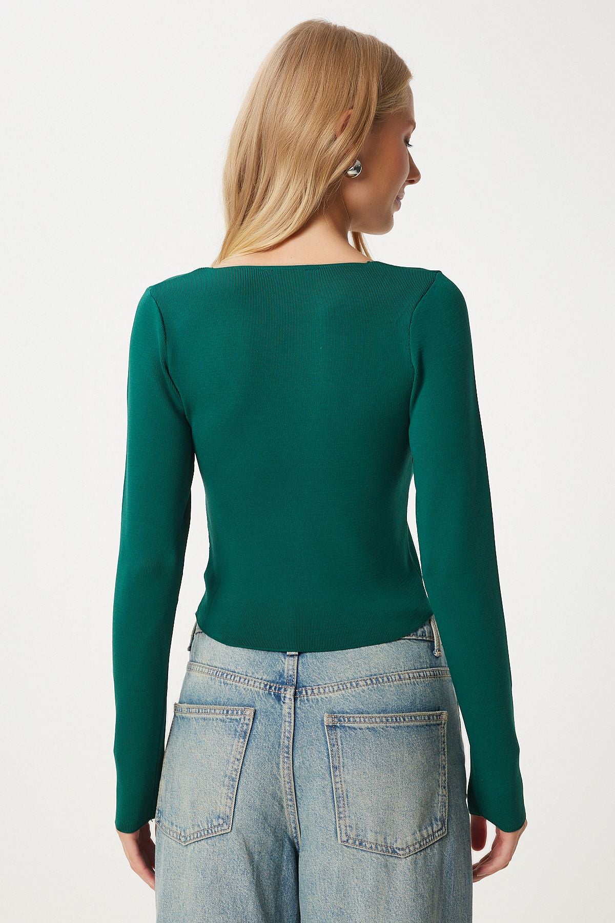 Woman Green Deep V -Neck Knitwear Blouse FN03371