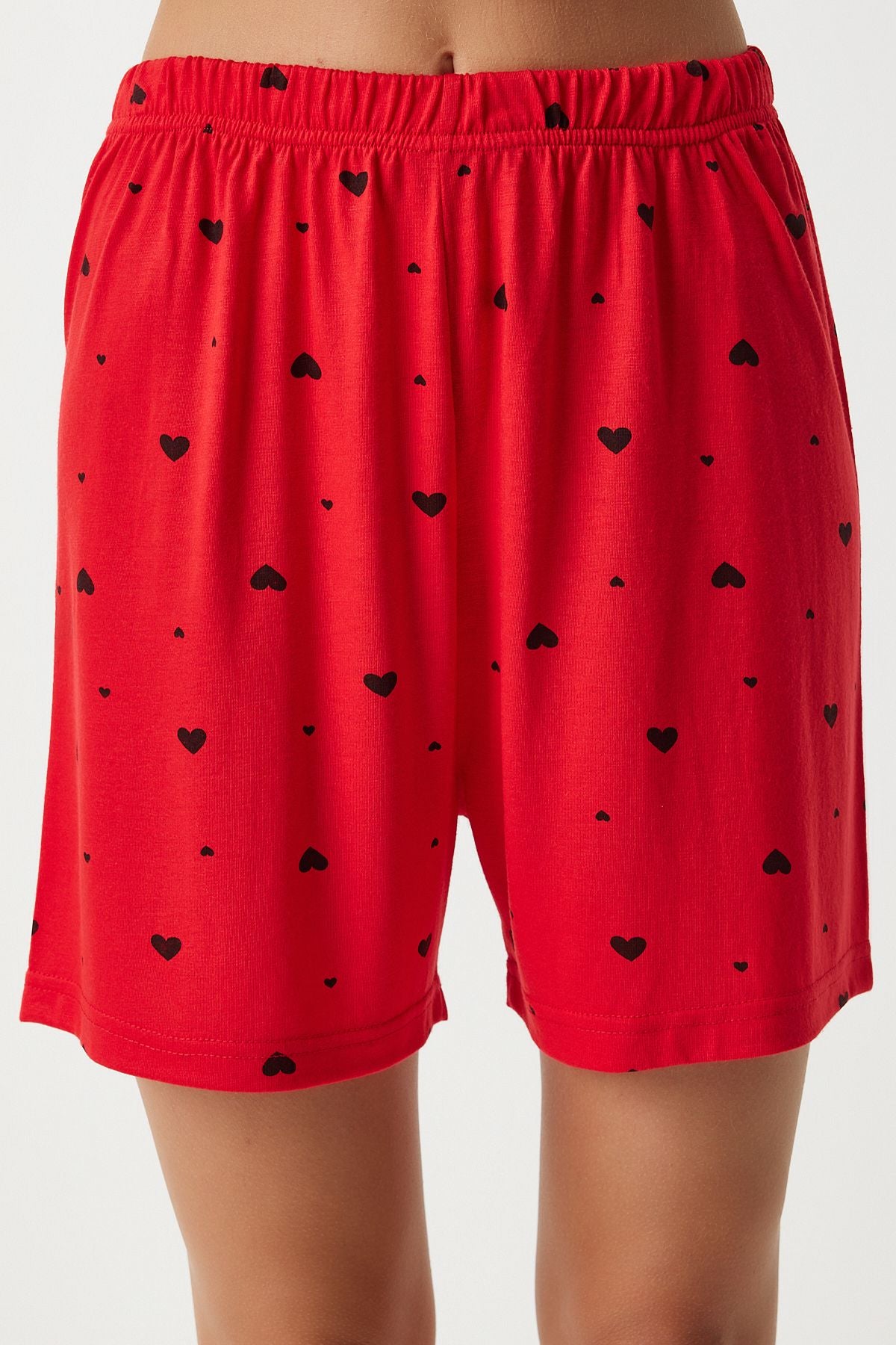 Female red -hearted viscose short shirt pajama set EC00035