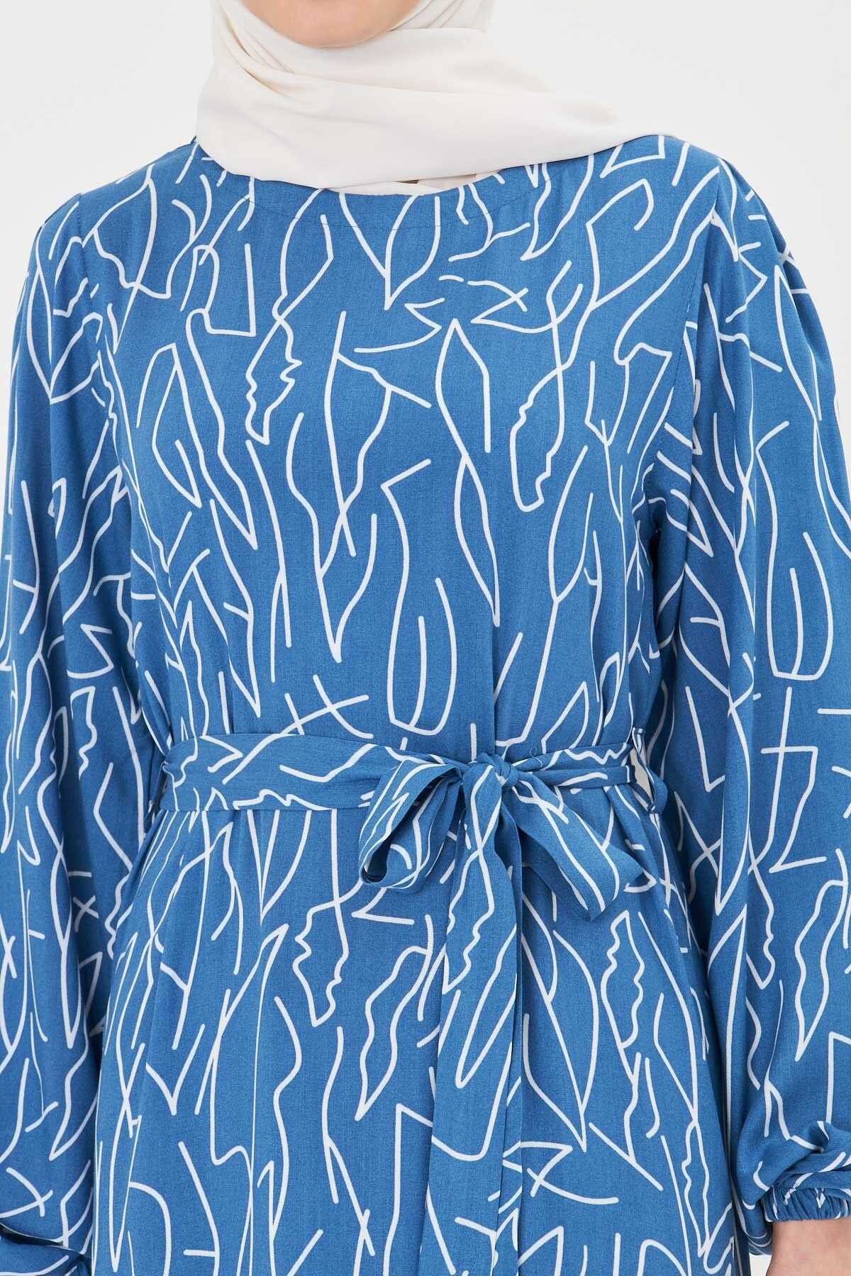Female indigo zero collar behind zipper skirt with frilly belt long hijab dress ARM-25K001101