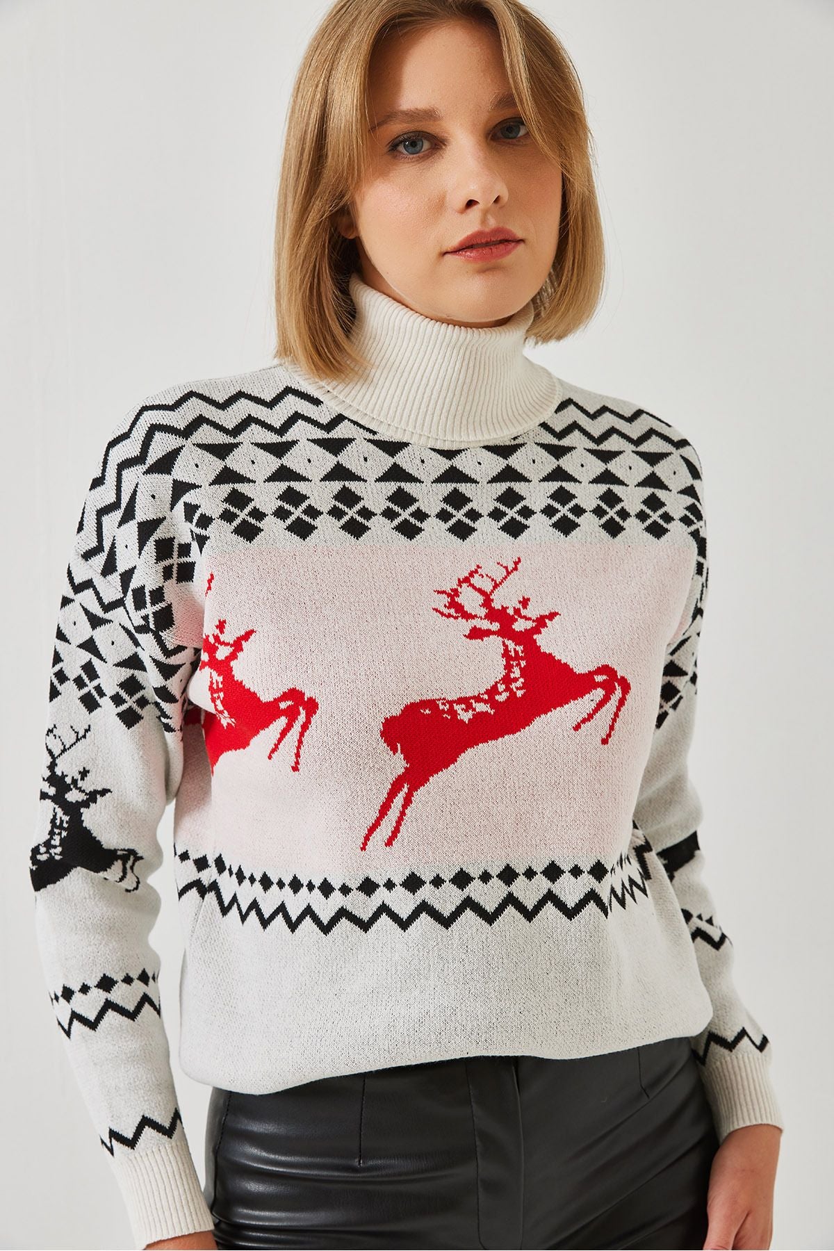 Female Fisherman Neck Deer Patterned Knitwear Kazakh 20246224