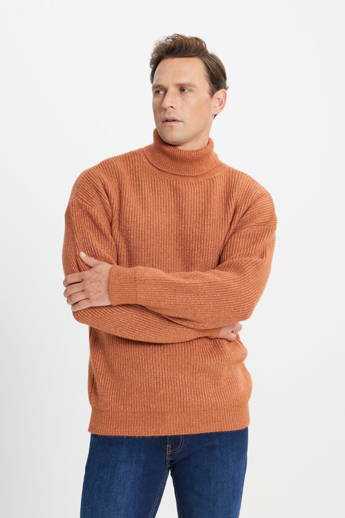 Men's Cinnamon Oversize Plenty of Full Fisherman Collar Patterned Shadon Soft textured knitwear sweater