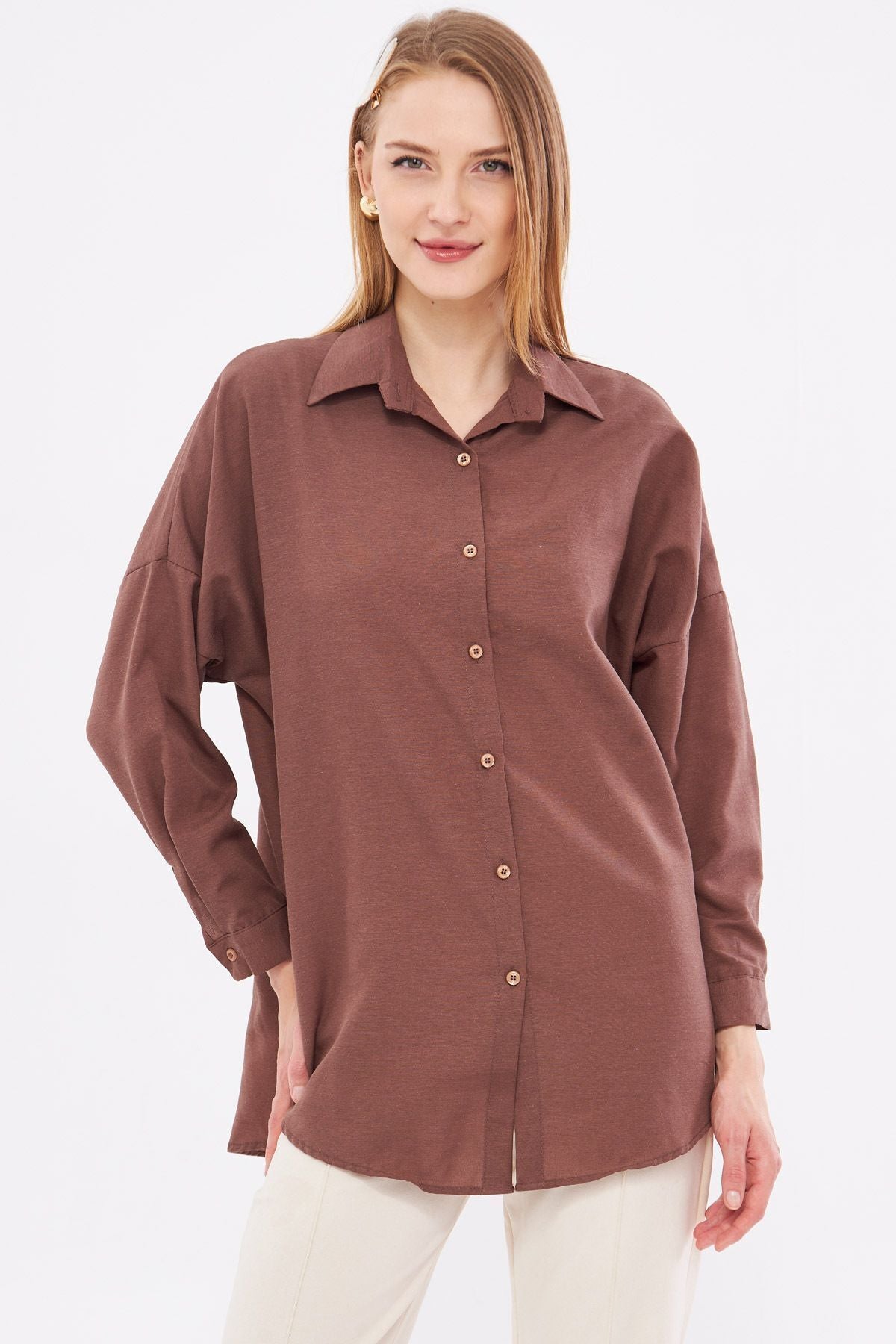 Woman Dark Coffee Oversize Long Basic Shirt ARM-221118