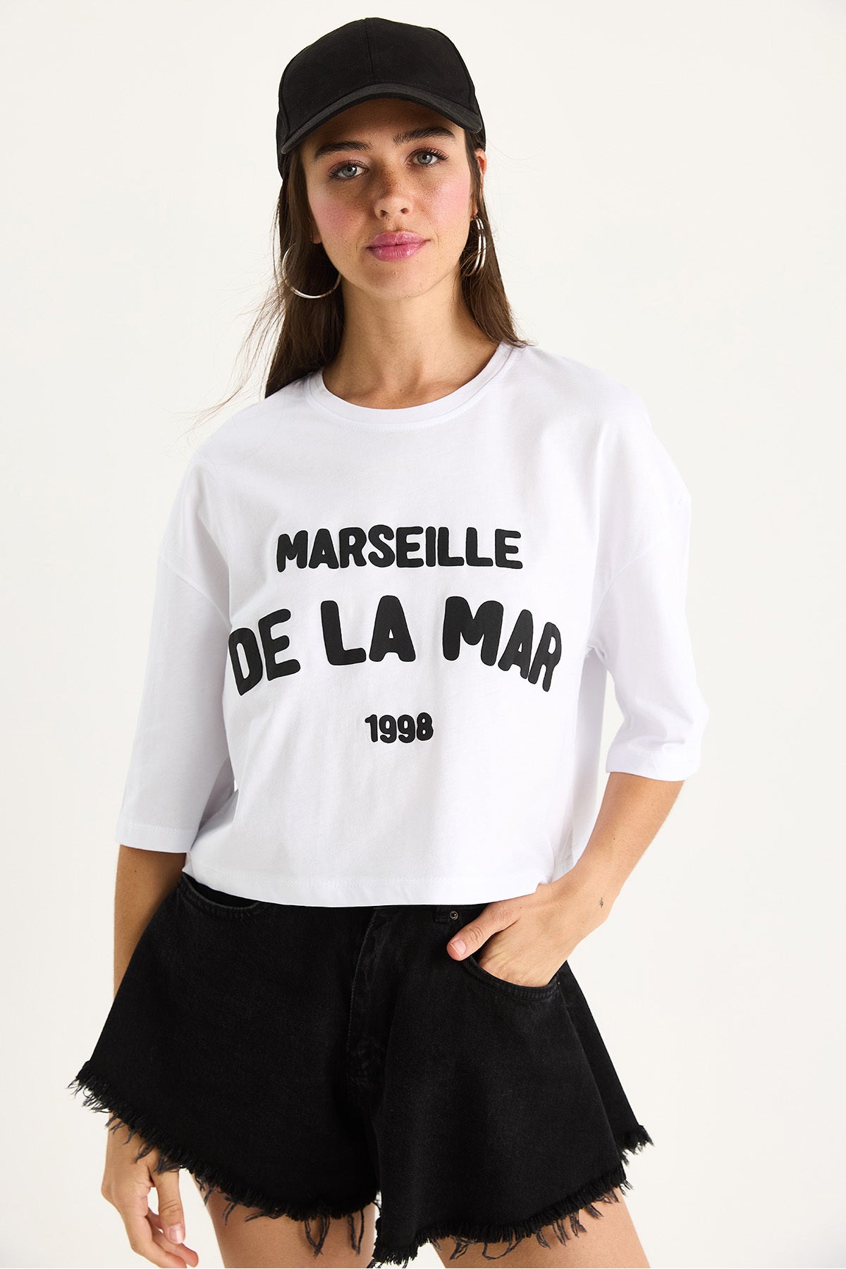 Women's Text Printed Crew Neck 100% Cotton Crop T-Shirt 6705 60283450