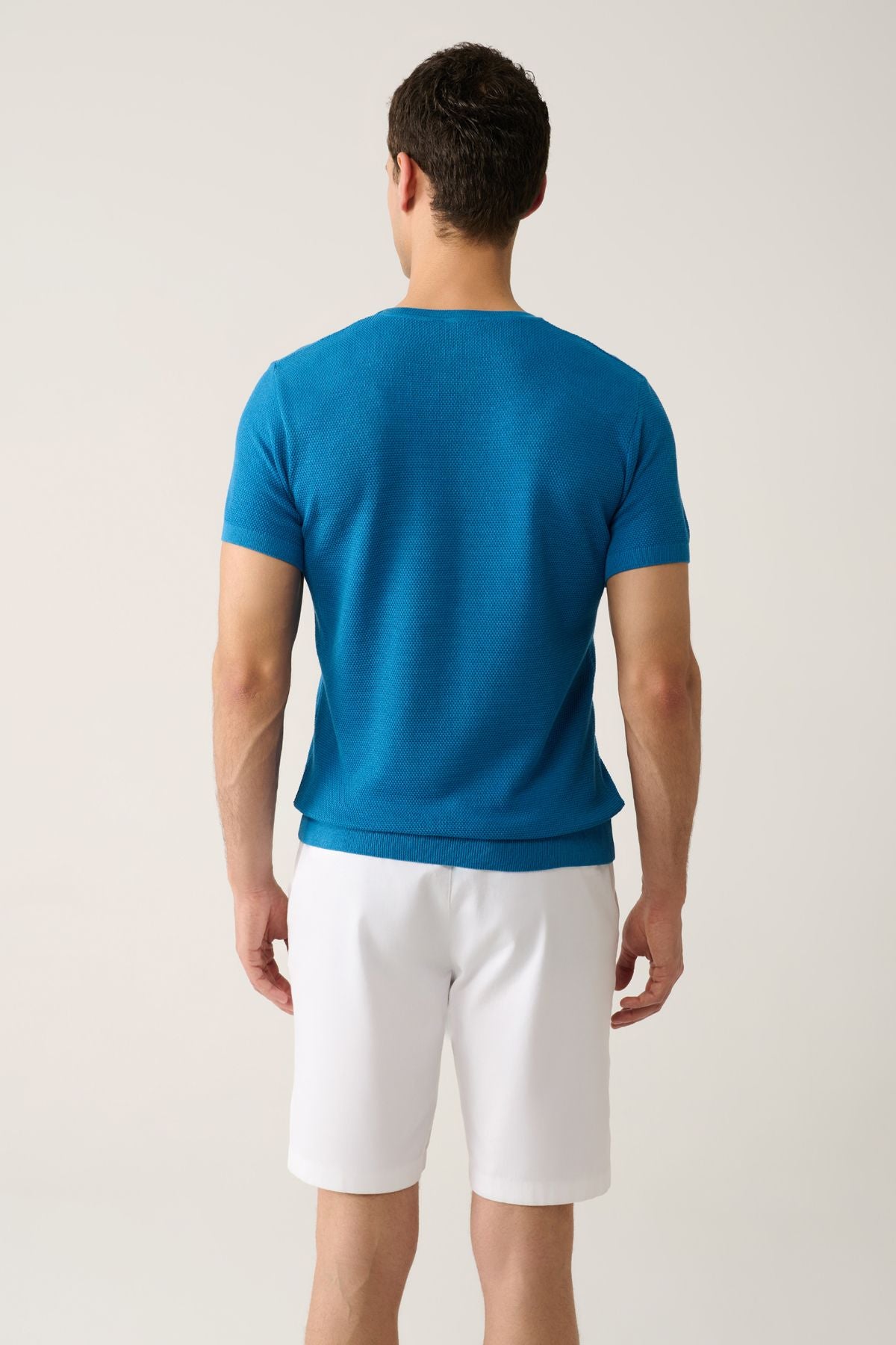Men's Blue Bicycle Neck textured cotton knitwear T-shirt E005027