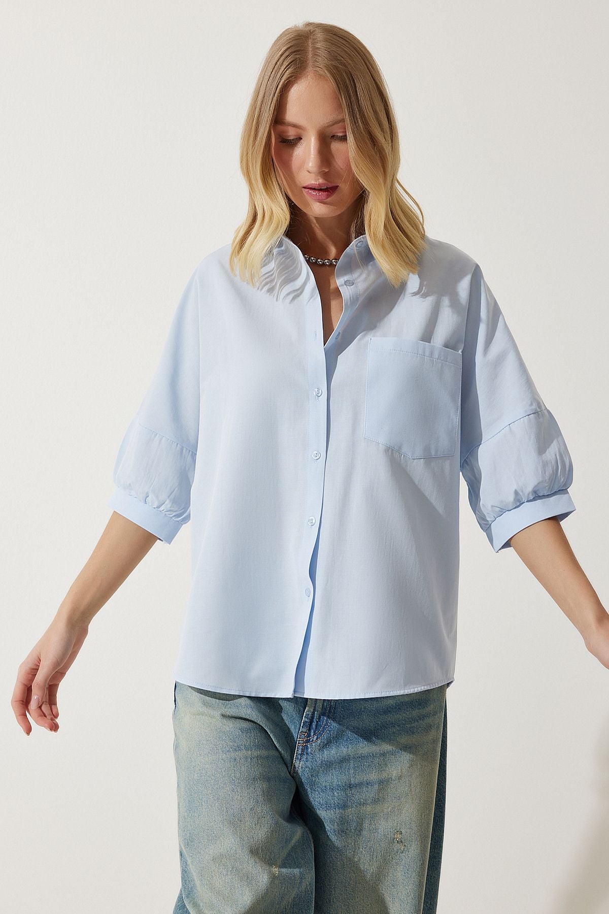 Woman Sky Blue Balloon Sleeve Poplin Shirt DD01308
