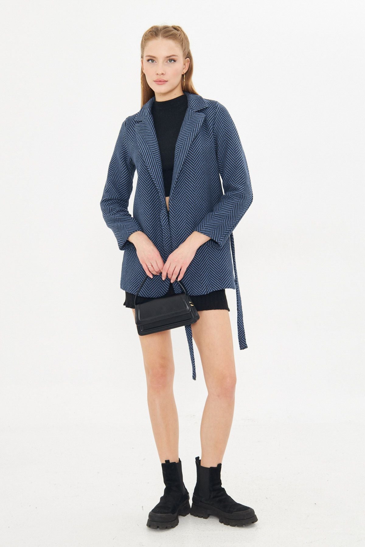 Woman Dark Blue Side Fish Pattern Pattern Stamp Jacket ARM-25K001074