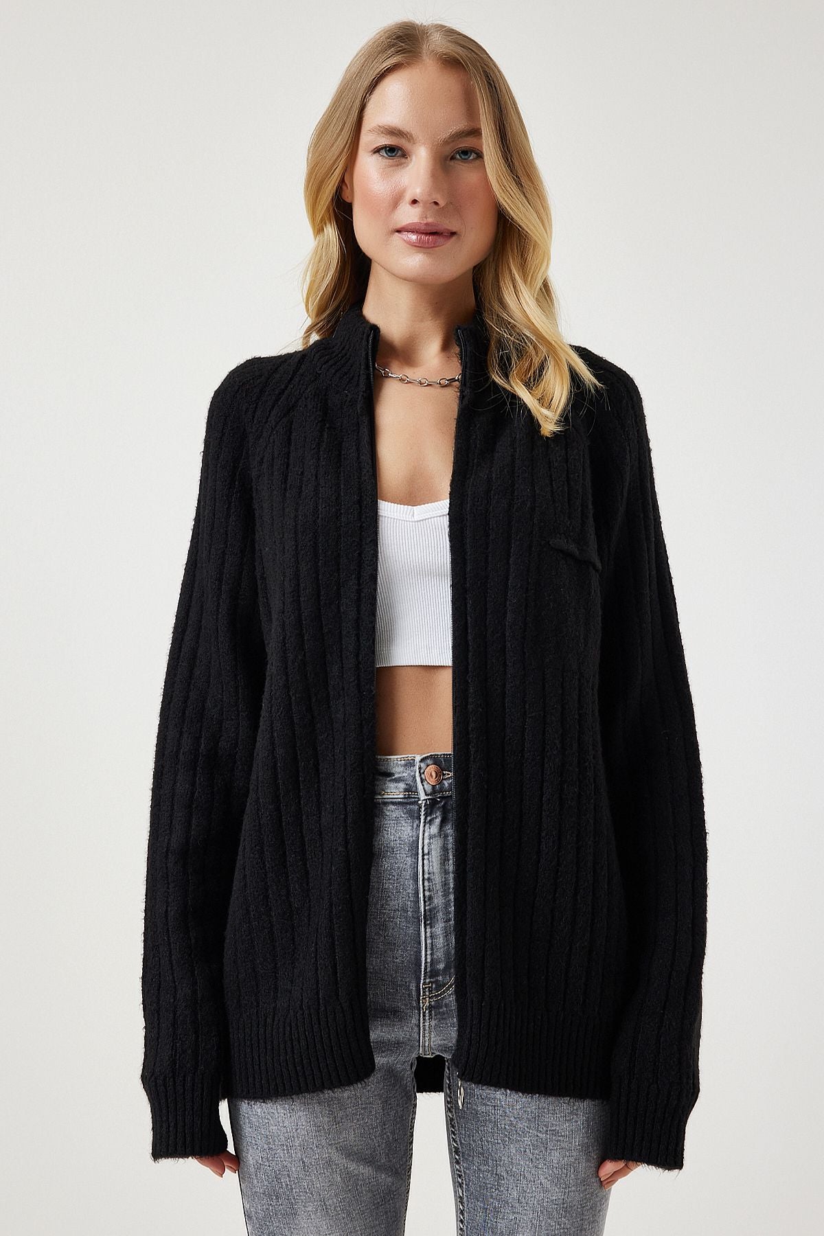 Women's black zipper knitwear cardigan DD01301