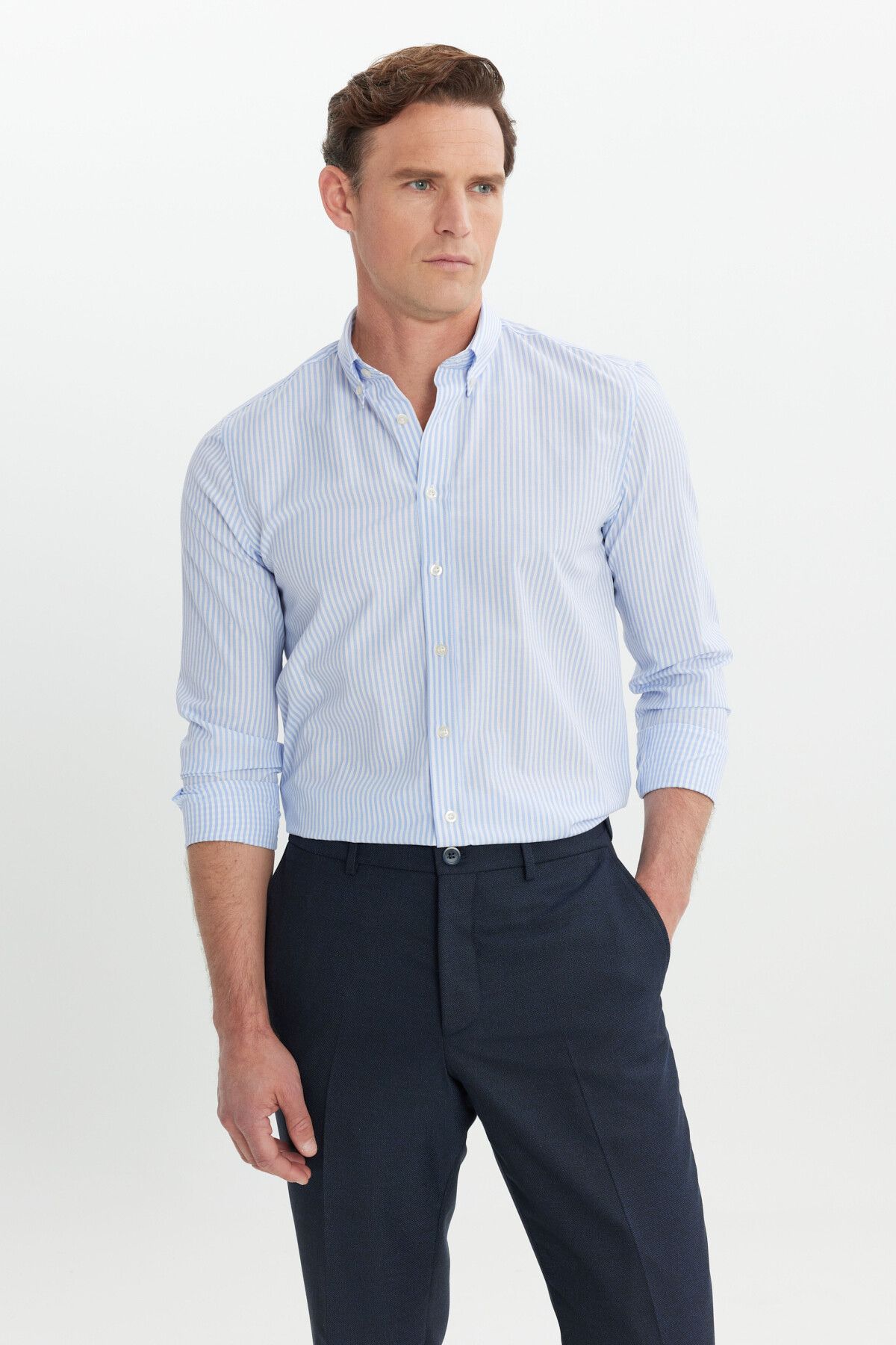 Men's white-open blue cotton slim fit narrow cut button shirt shirt with shirt striped shirt
