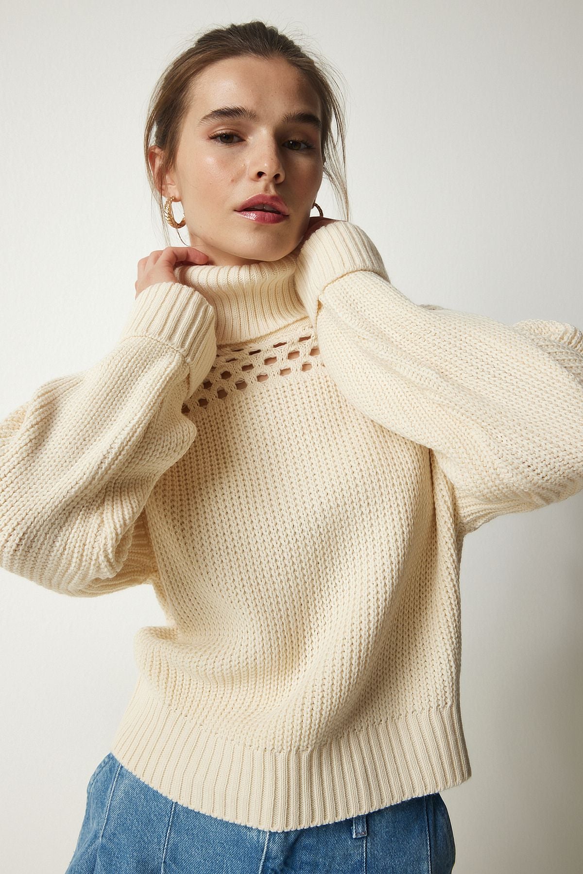 Women's cream fisherman collar openwork knitwear sweater CI00090