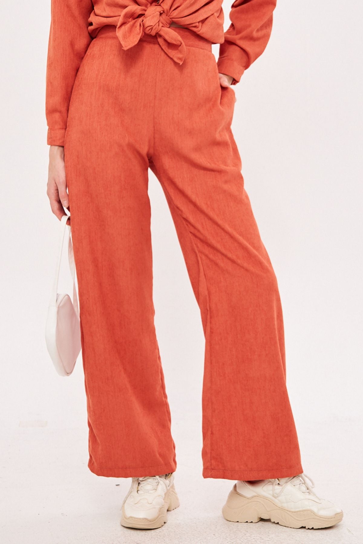 Female Salmon Fine Wick Velvet Palazzo Pants Arm-25k001009