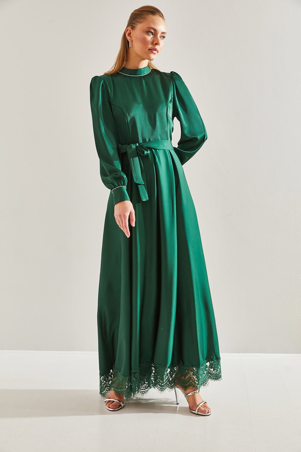 Women's Skirt Lace Side and Handle Satin Hijab Dress 60191005