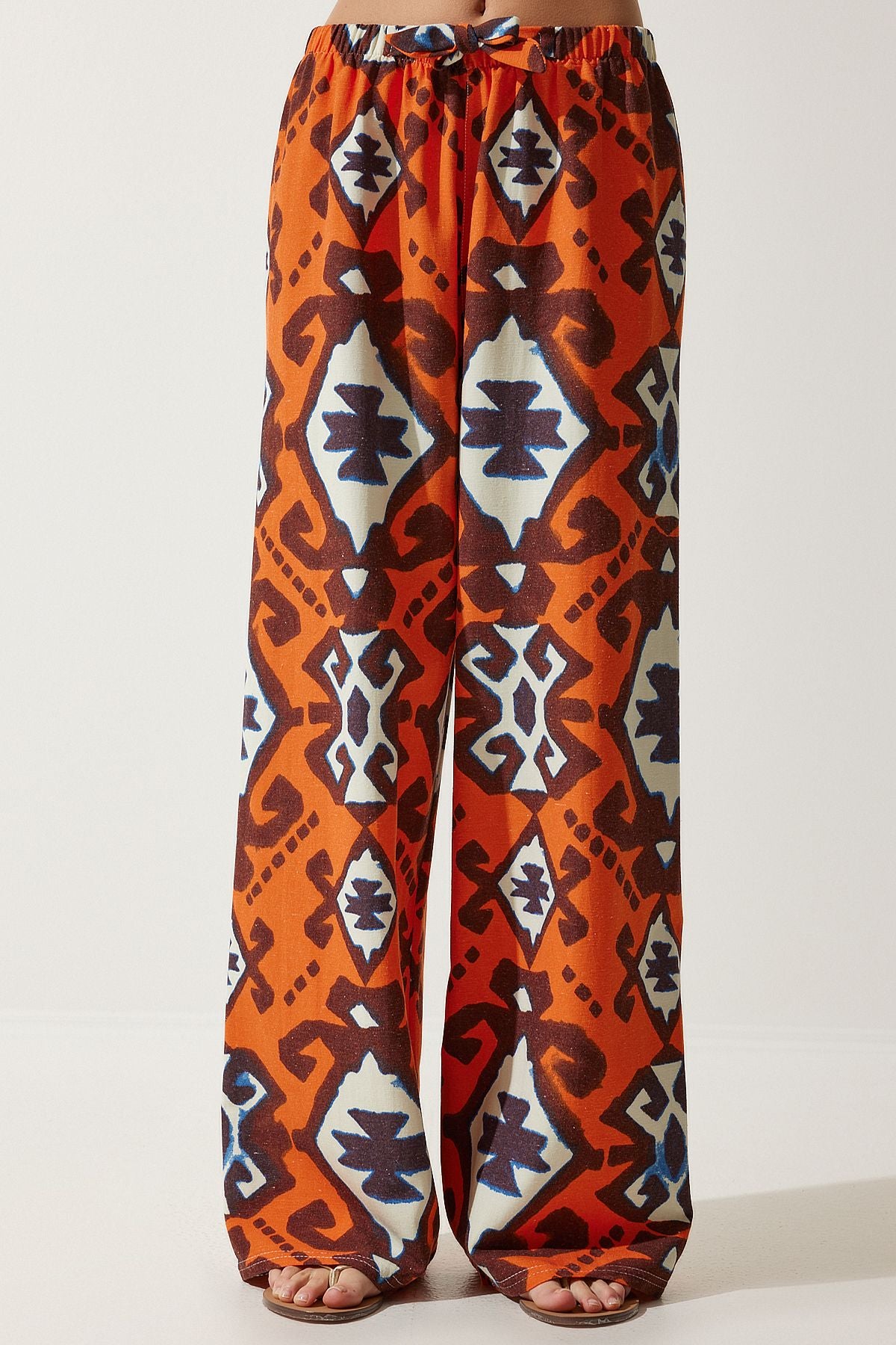 Female Orange Patterned Raw Linen Palazzo Pants BH00397