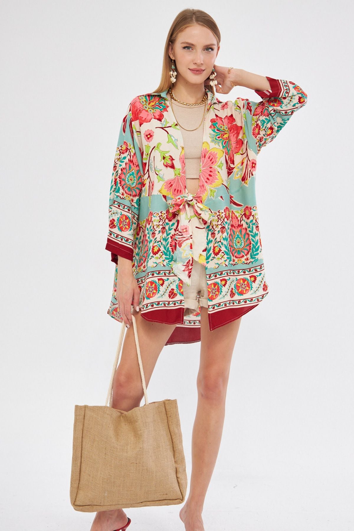 Female Bordeaux Patterned front-binding kimono shirt ARM-24Y001080