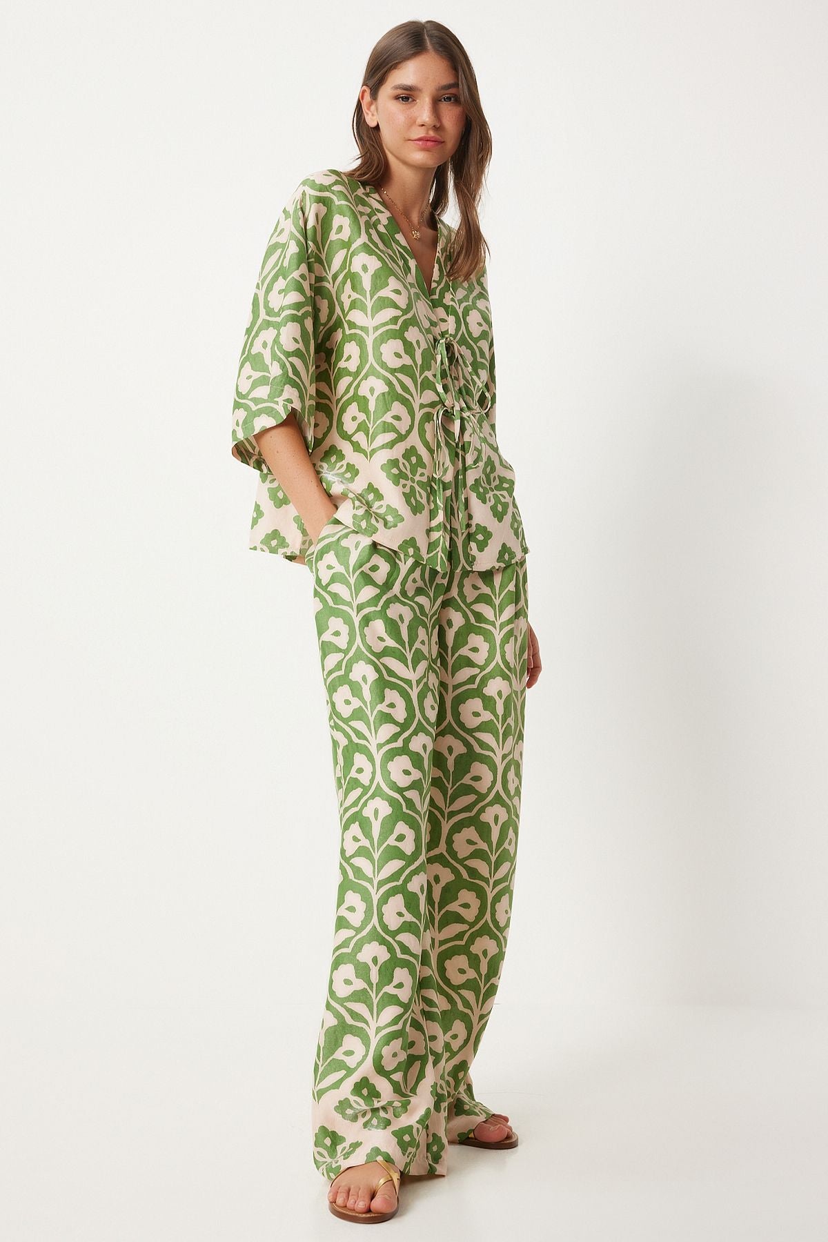 Female Green Cream Patterned Viscose Blouse Palazzo Set FN03278