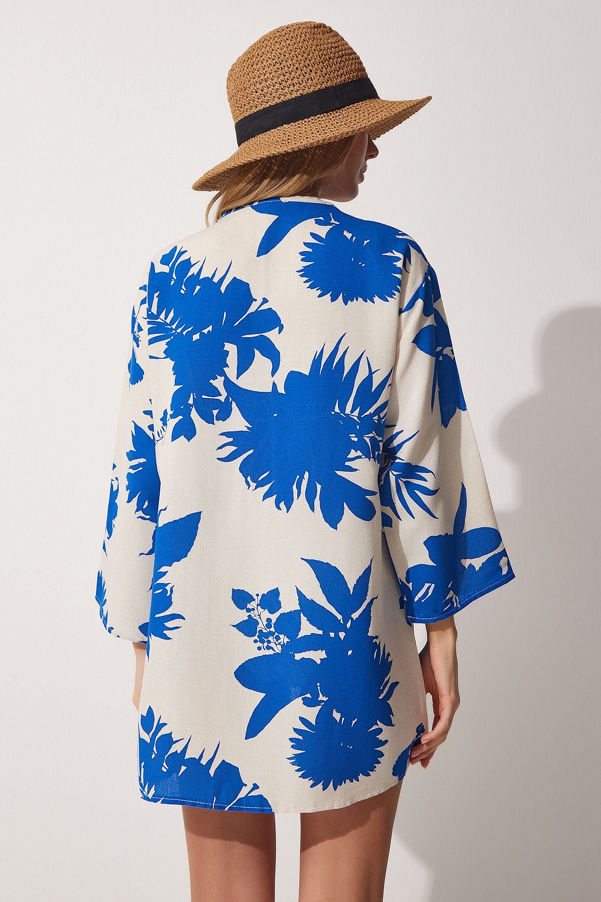 Female Beige Blue Patterned Kimono BH00381
