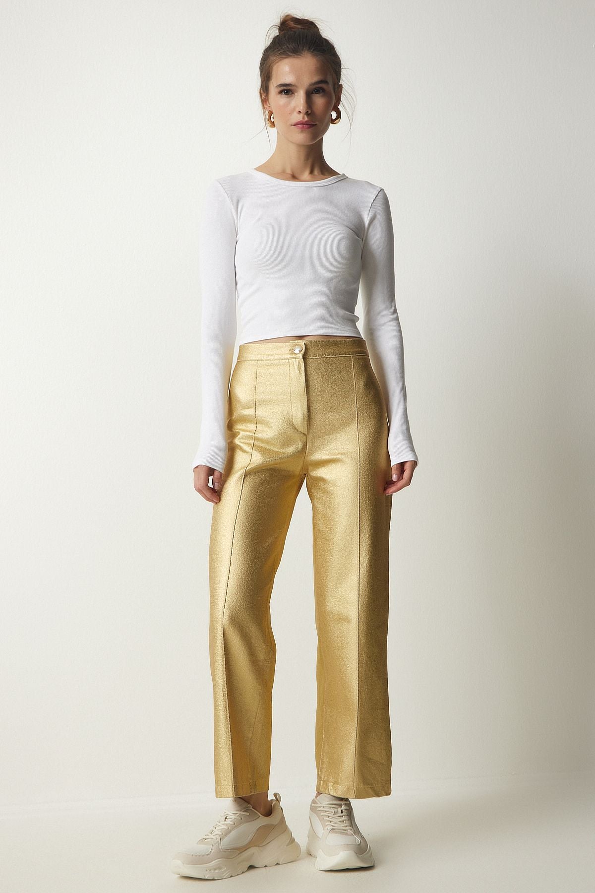 Female Metallic Yellow Metallic Carrot Pants UL00012