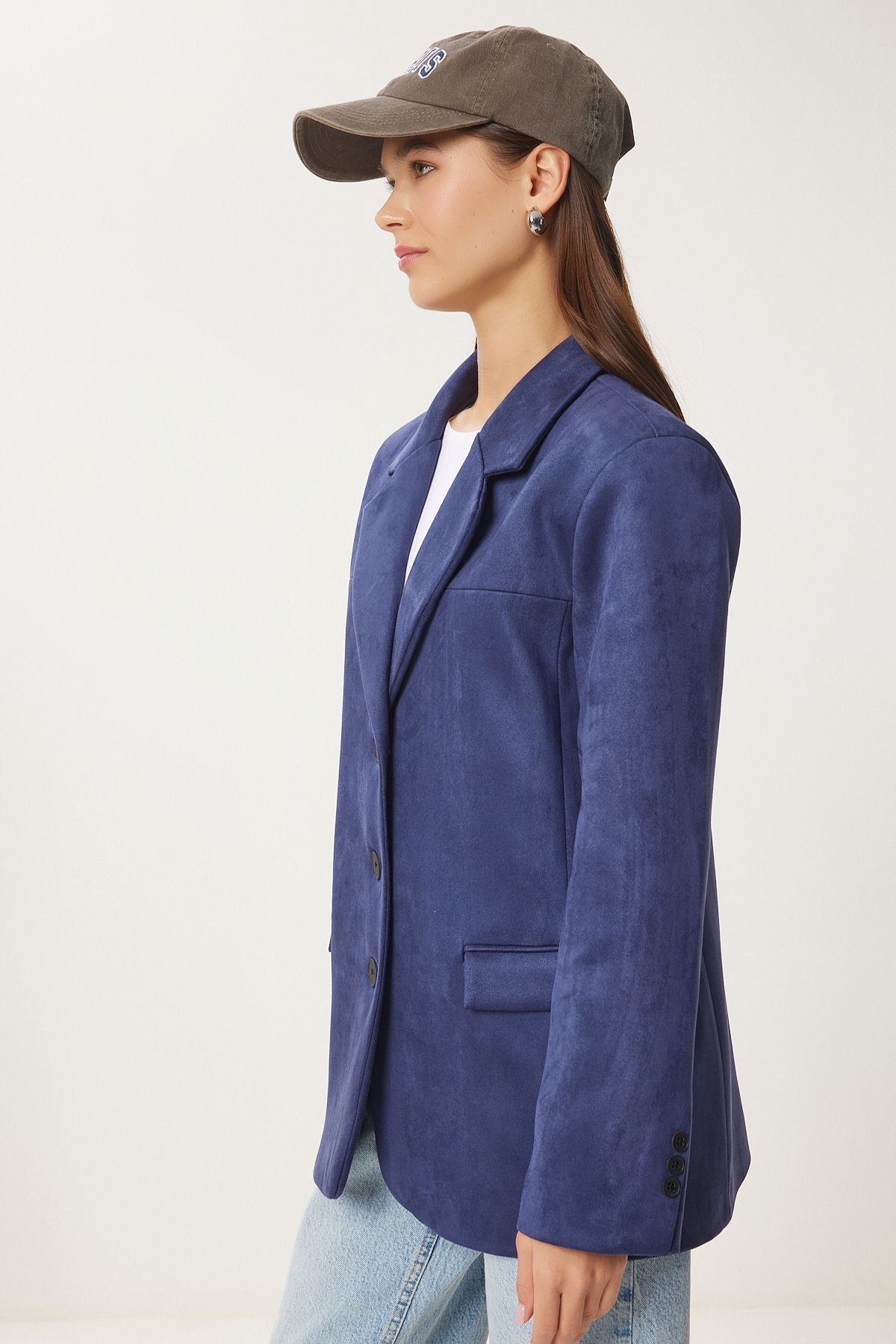 Woman Navy Blue Premium Suede Blazer Jacket FN03443