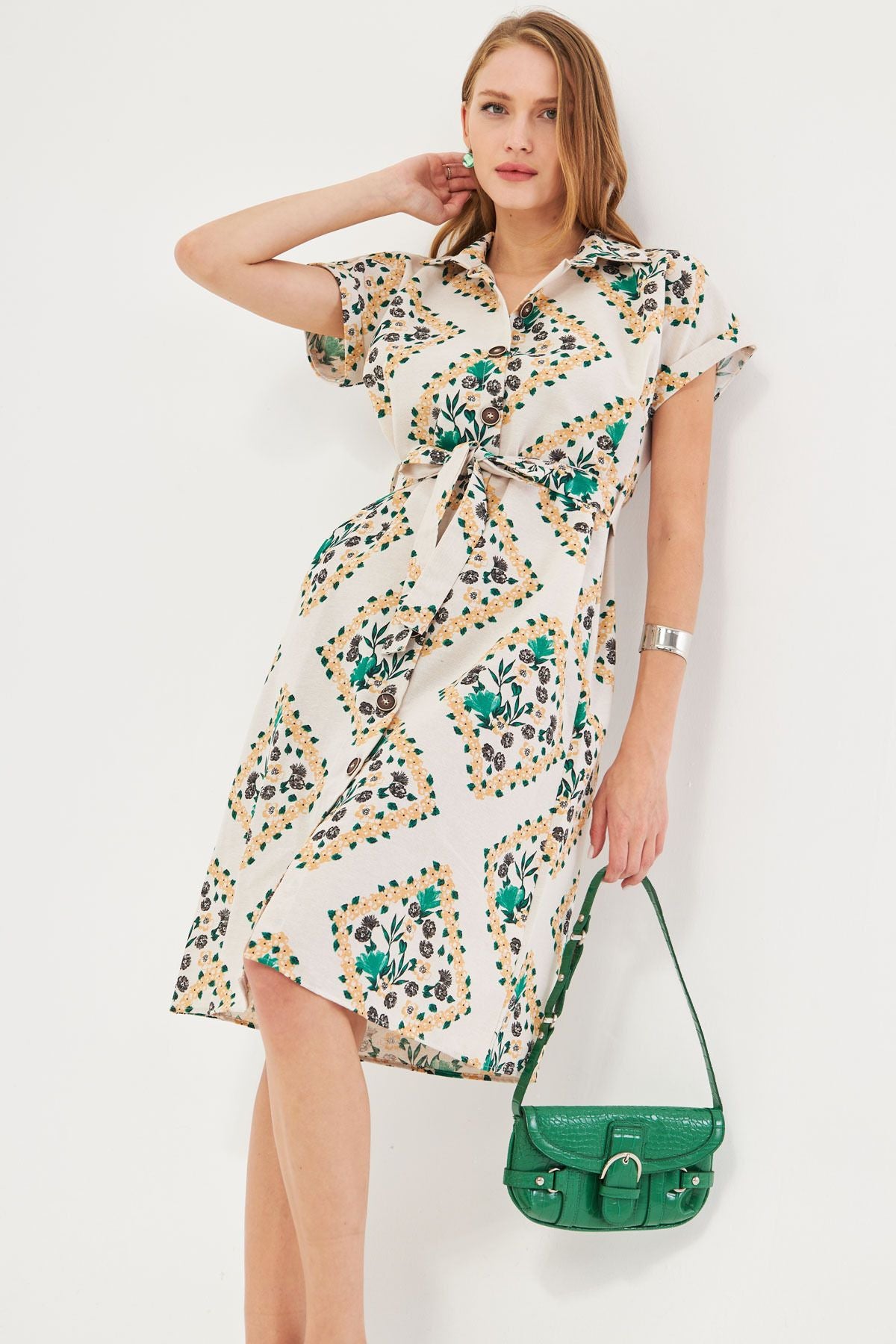 Woman Dark Green Patterned Linen Looking Waist Belt Short Sleeve Shirt Dress ARM-24Y001108