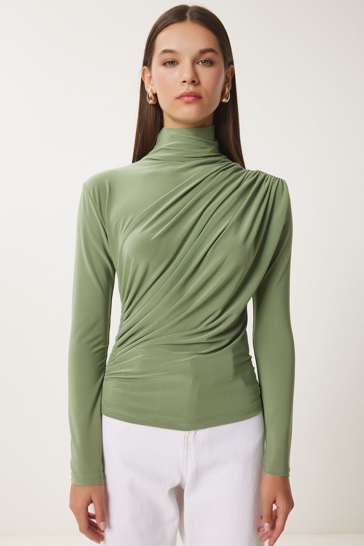 Women's Cagla Green Shirring Detailed Sandy Blouse FF00135